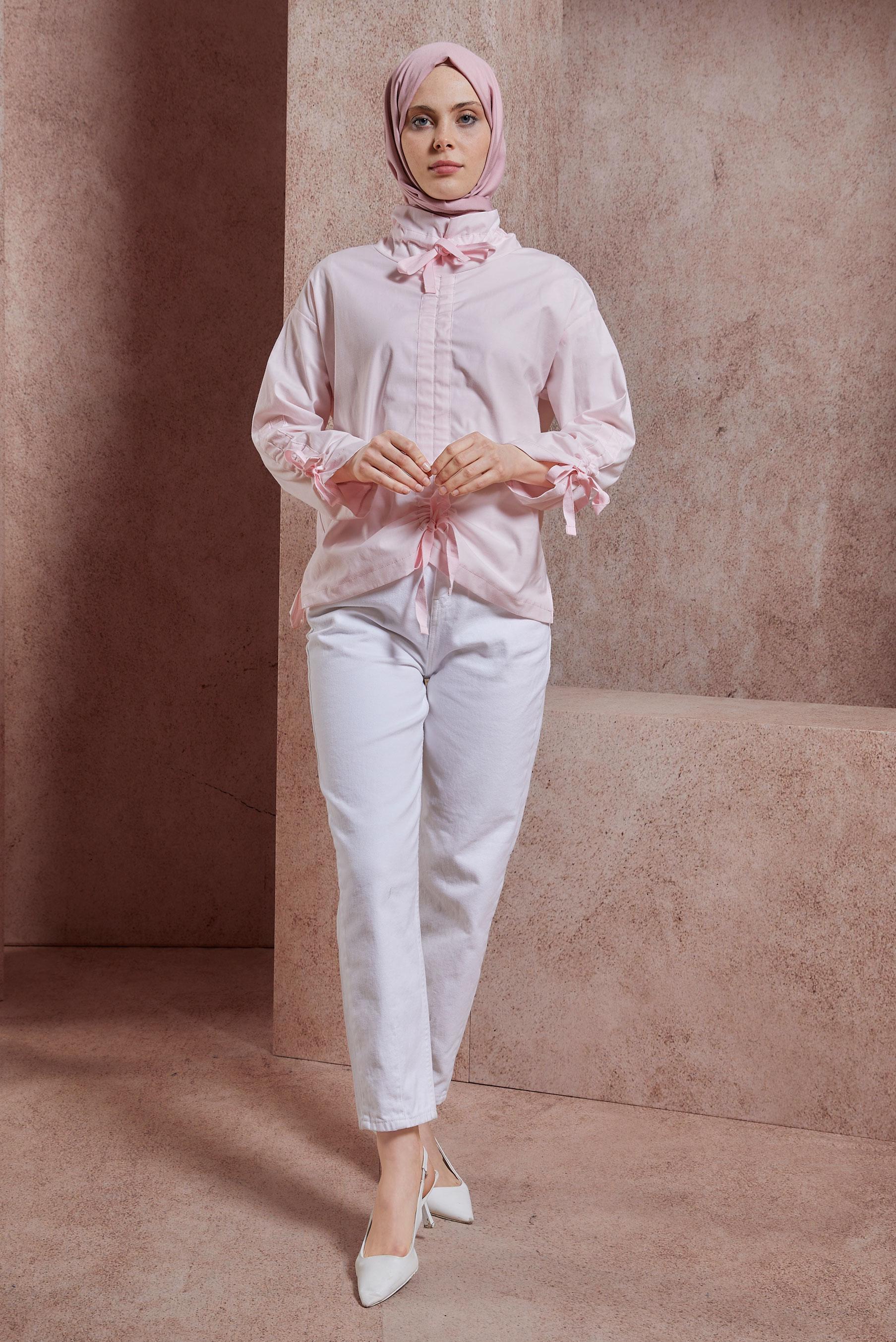 Tesettür giyim PEMBE BÜZGÜ DETAYLI PAMUK SATEN BLUZ 44470