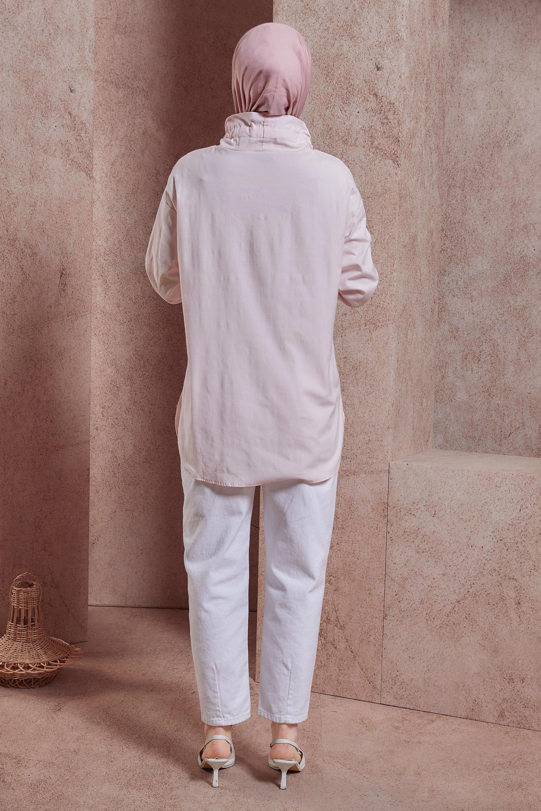 Tesettür giyim PEMBE BÜZGÜ DETAYLI PAMUK SATEN BLUZ 44470