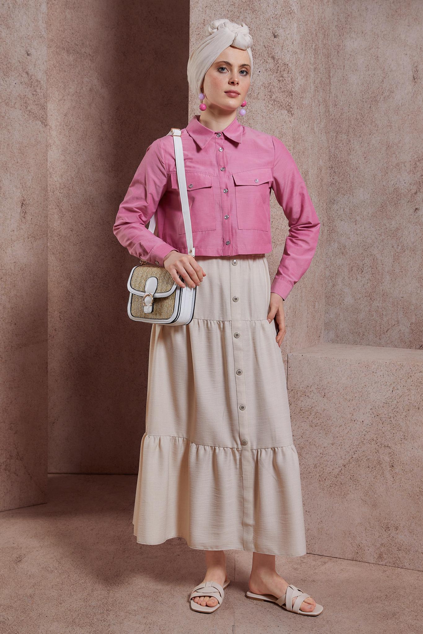 Tesettür giyim FUŞYA DÜĞMELİ PAMUKLU BLUZ 44496