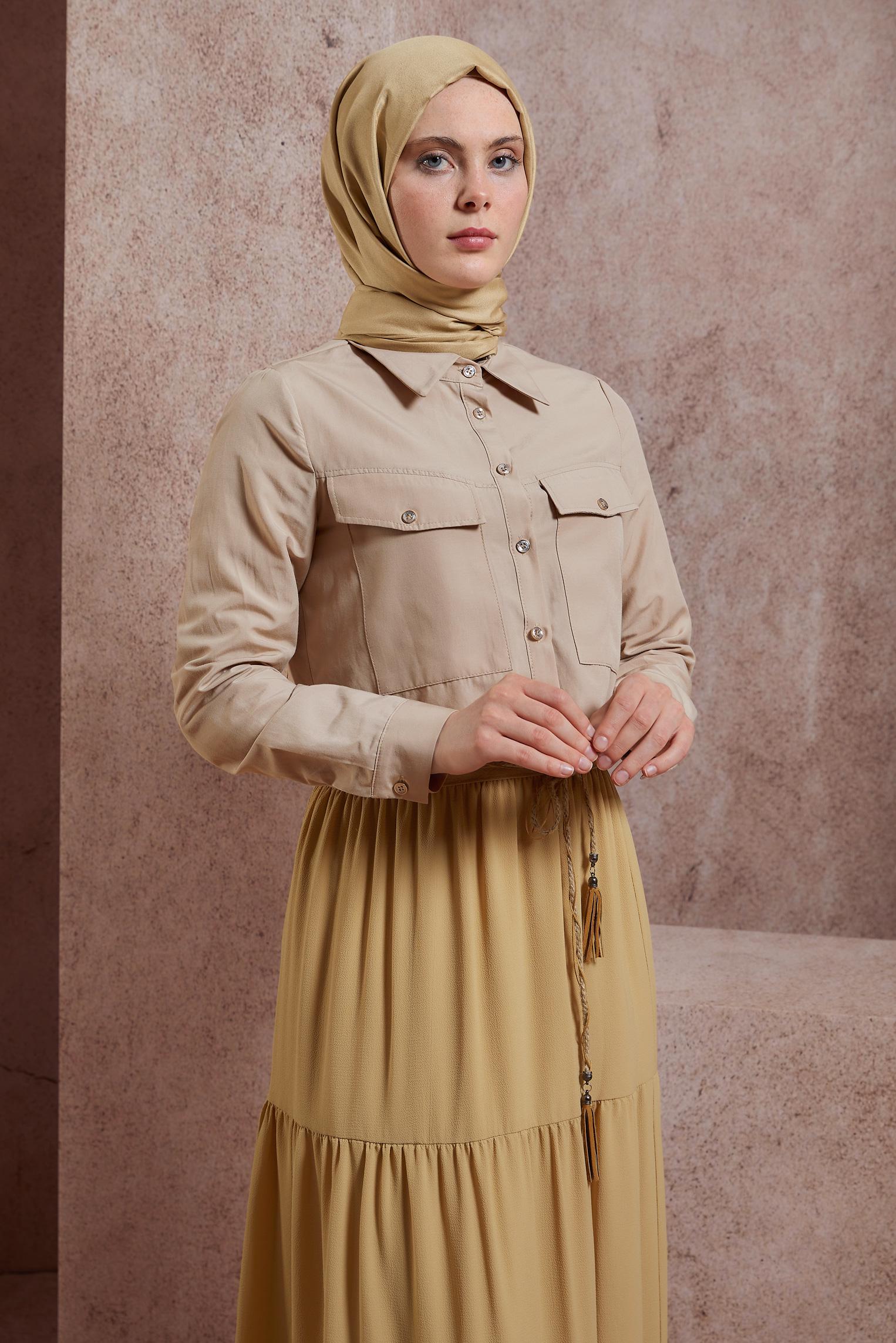 Tesettür giyim BEJ DÜĞMELİ PAMUKLU BLUZ 44496