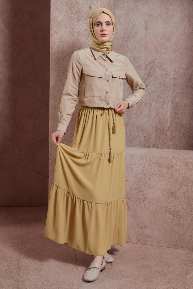 Tesettür giyim BEJ DÜĞMELİ PAMUKLU BLUZ 44496 - ALVİNA