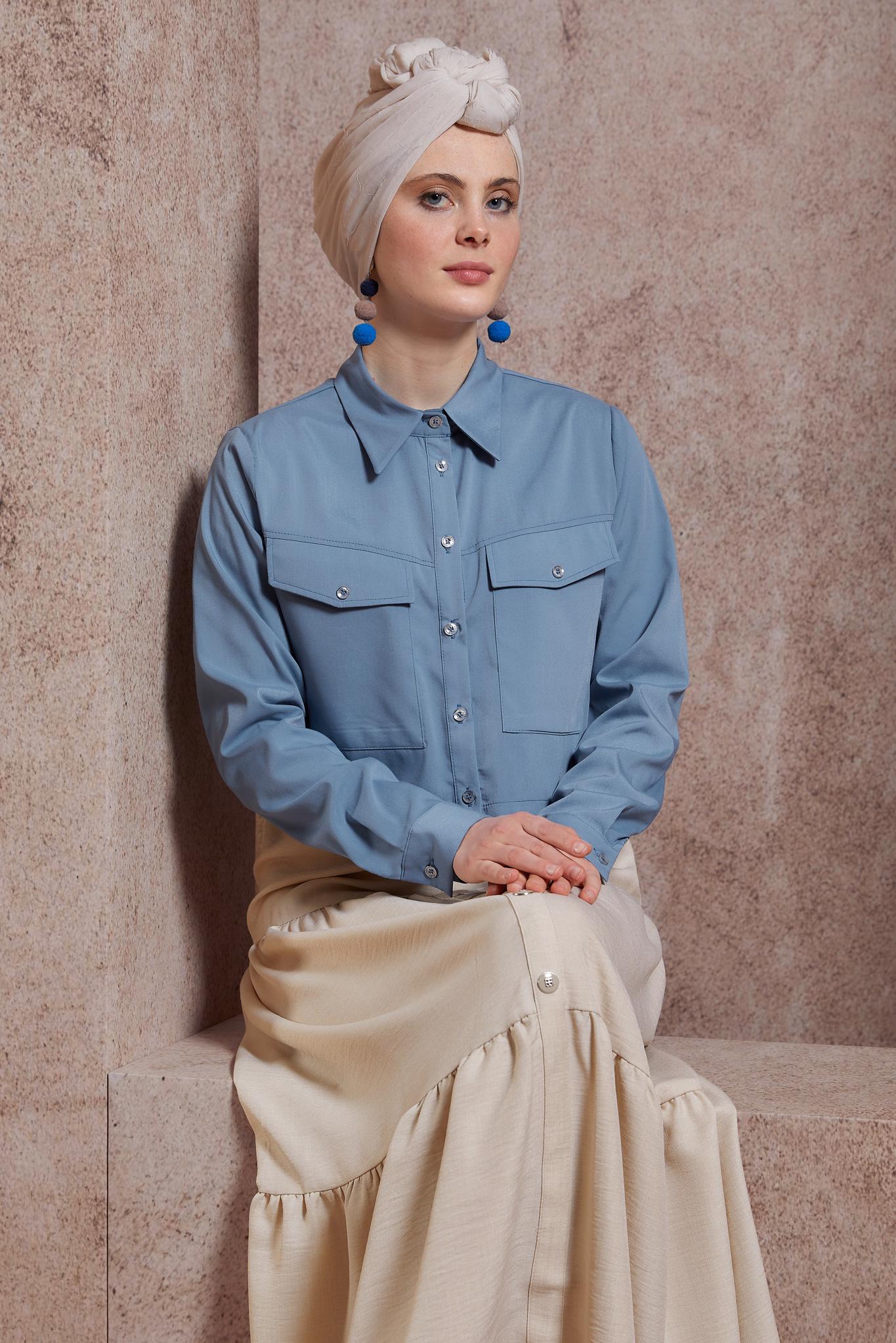 Tesettür giyim LACİVERT DÜĞMELİ PAMUKLU BLUZ 44496