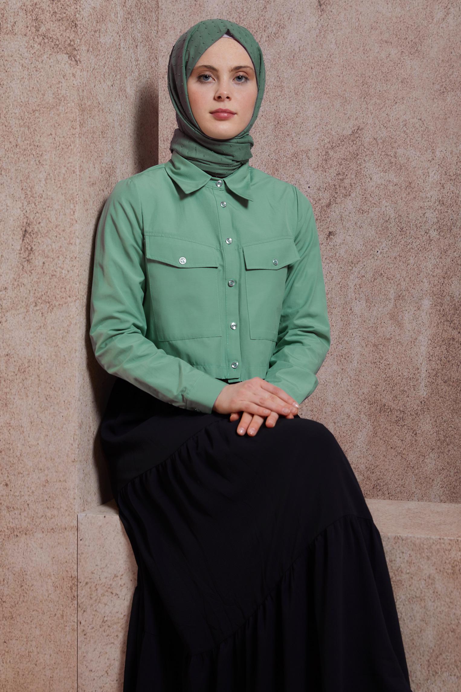 Tesettür giyim MAVİ DÜĞMELİ PAMUKLU BLUZ 44496