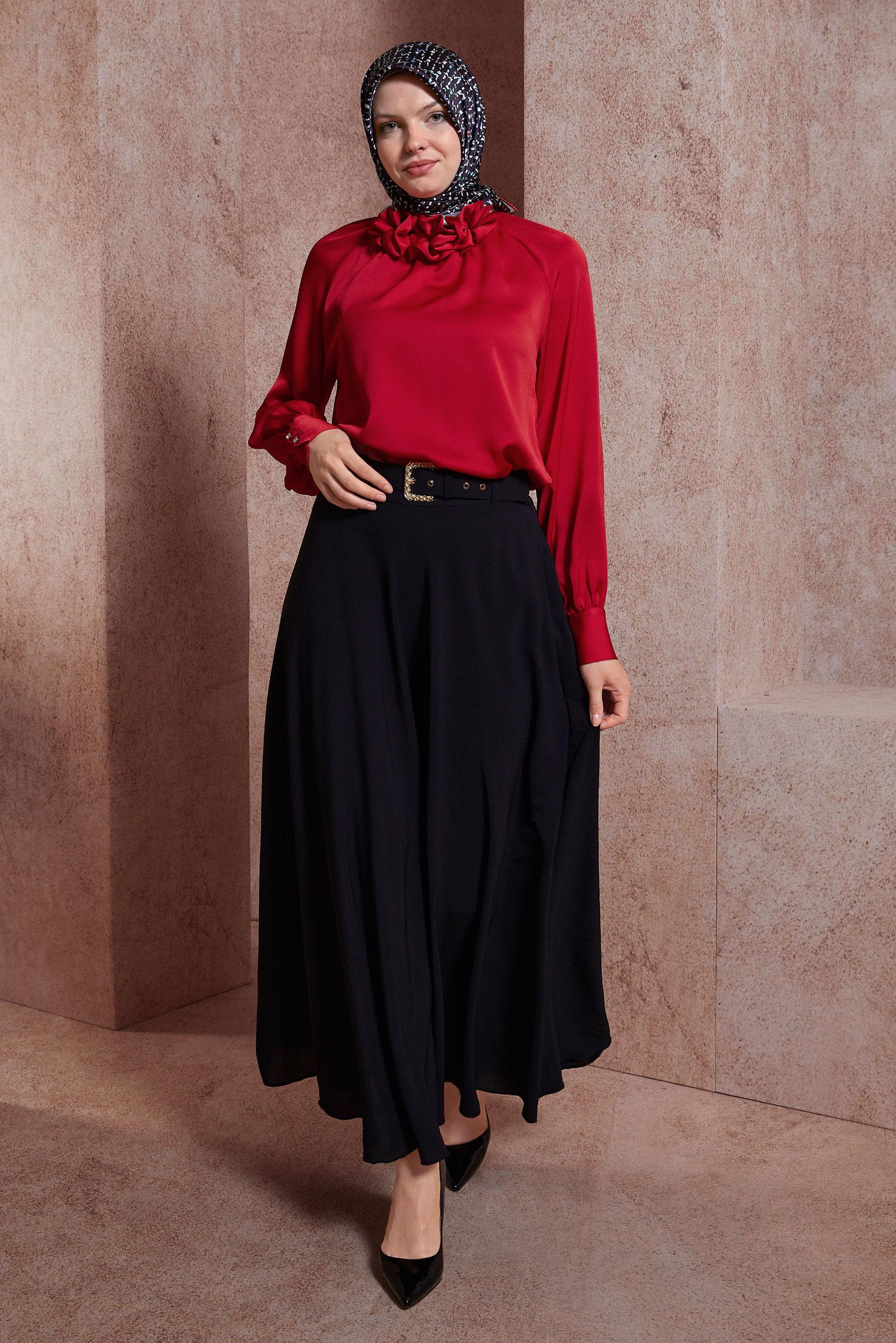 Tesettür giyim KIRMIZI SATEN BLUZ 44554