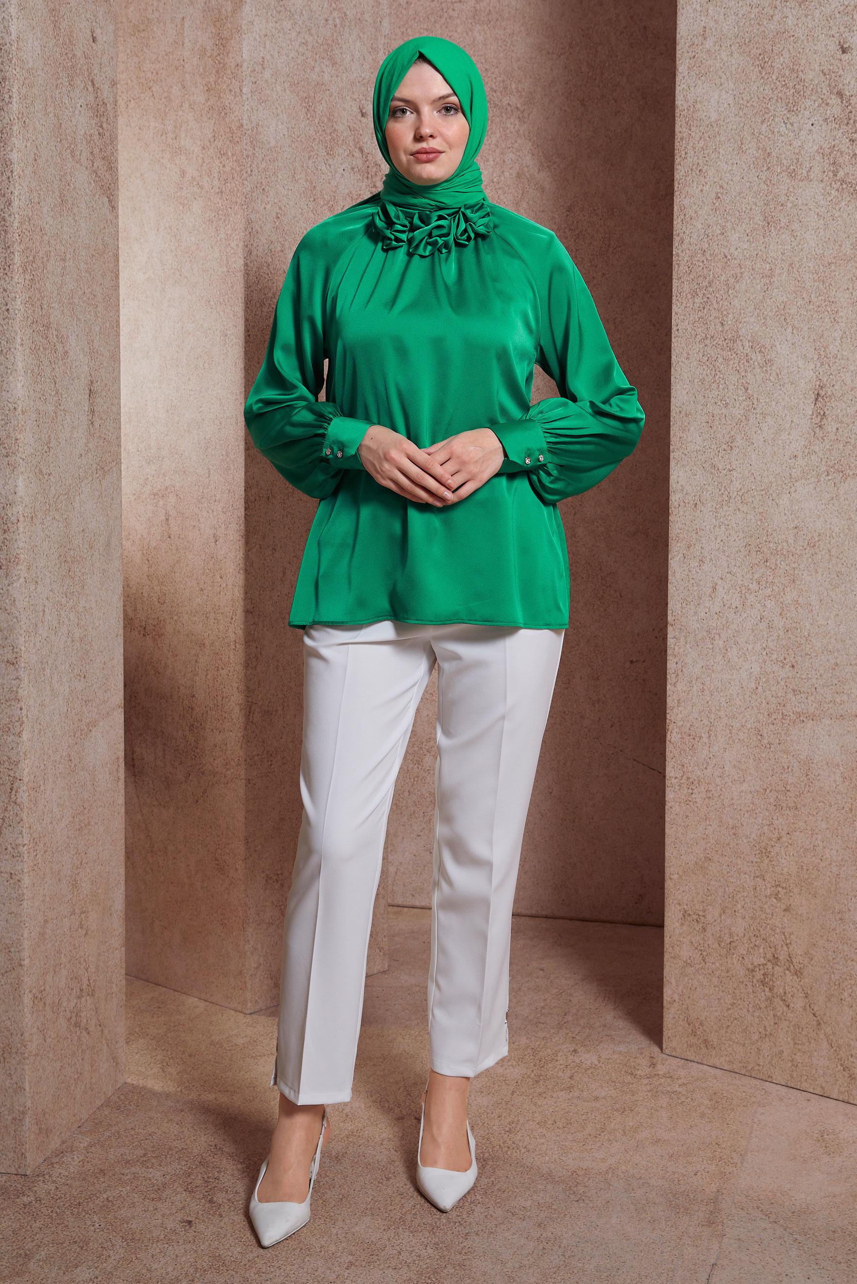 Tesettür giyim YEŞİL SATEN BLUZ 44554