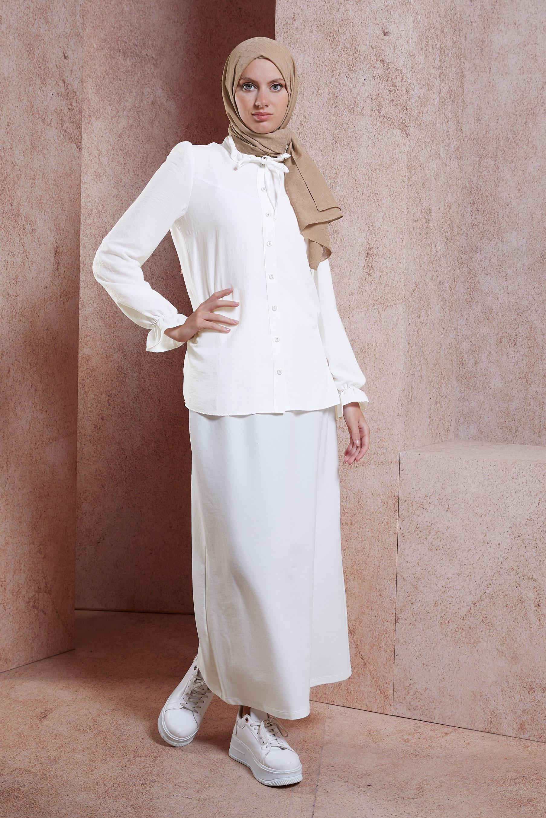 Tesettür giyim BEYAZ BAĞLAMALI YAKA BLUZ 44596