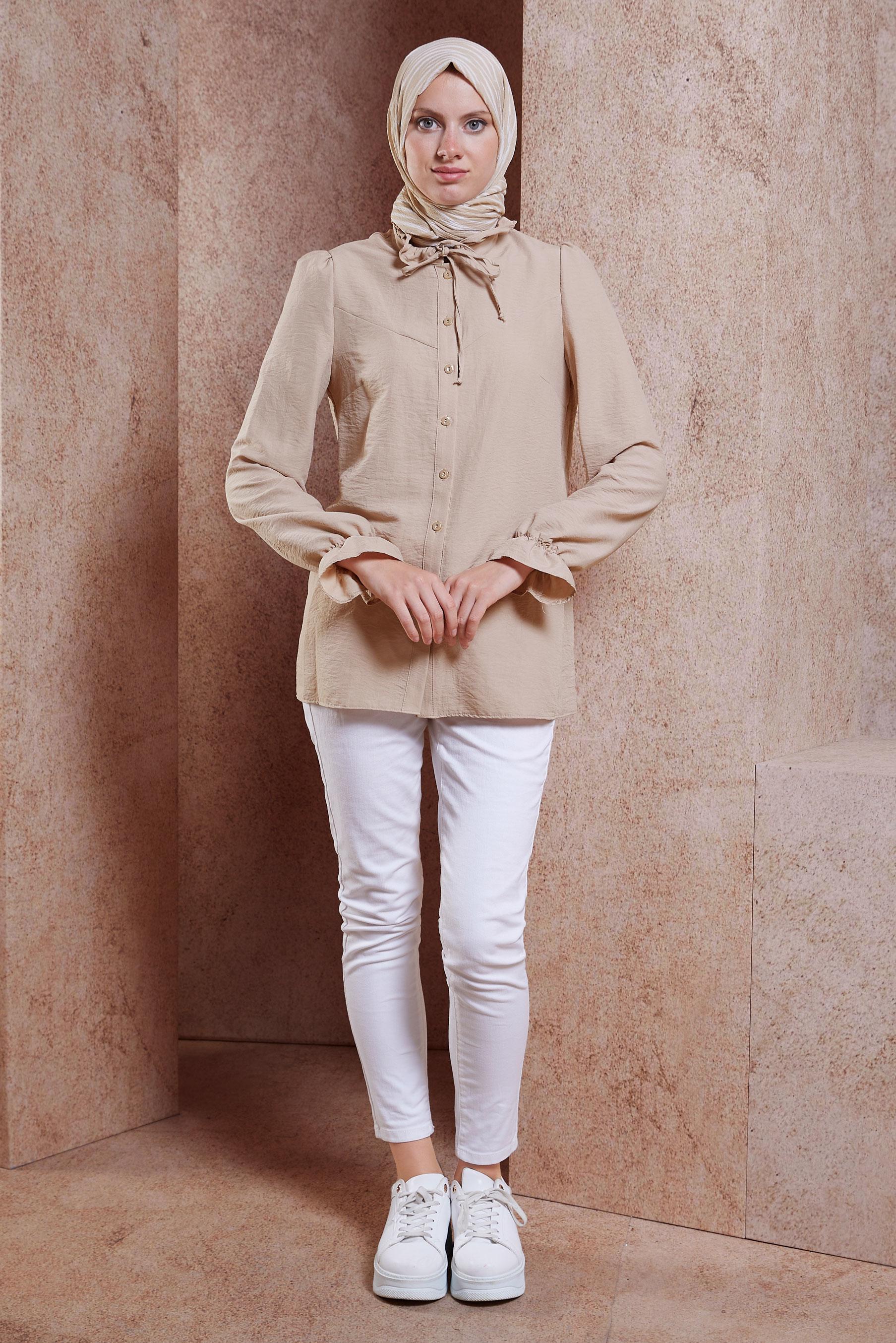 Tesettür giyim BEJ BAĞLAMALI YAKA BLUZ 44596