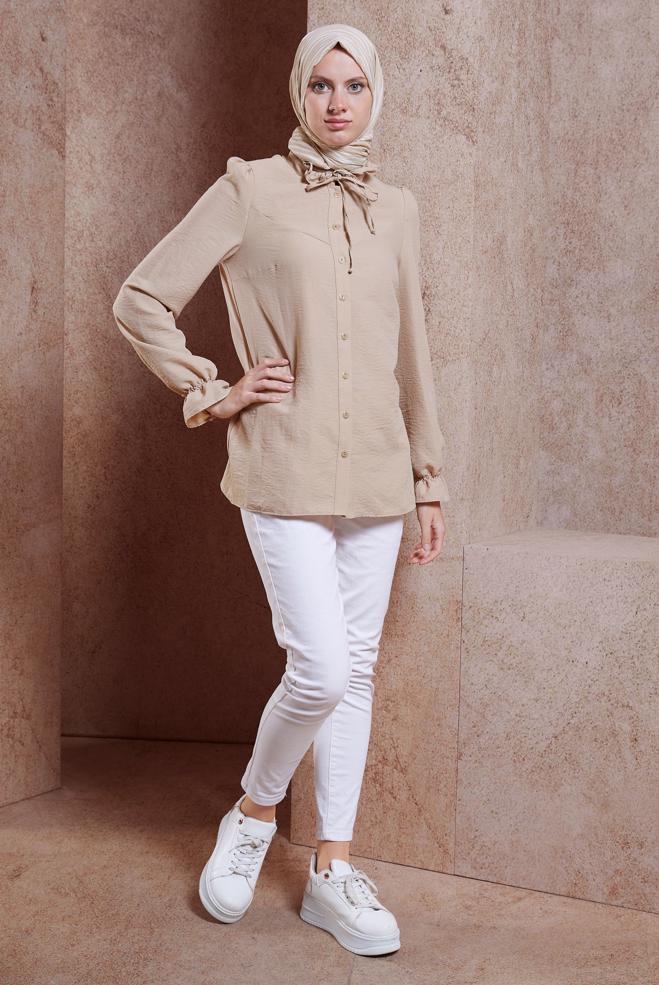 Tesettür giyim BEJ BAĞLAMALI YAKA BLUZ 44596 - ALVİNA