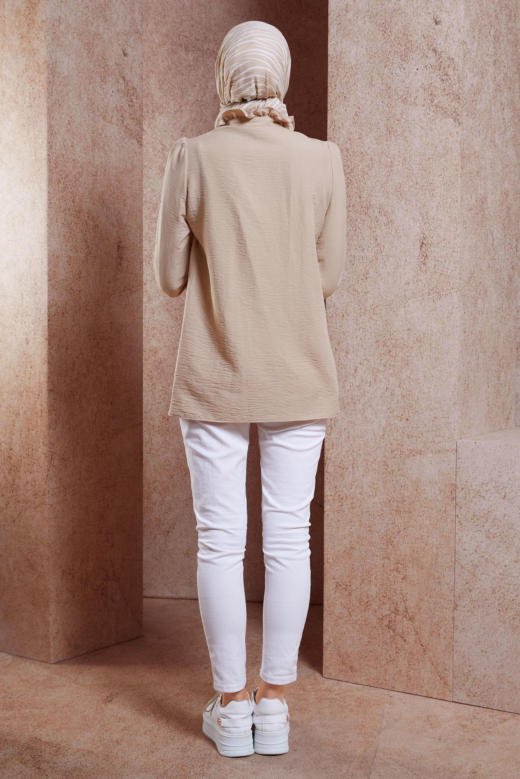 Tesettür giyim BEJ BAĞLAMALI YAKA BLUZ 44596