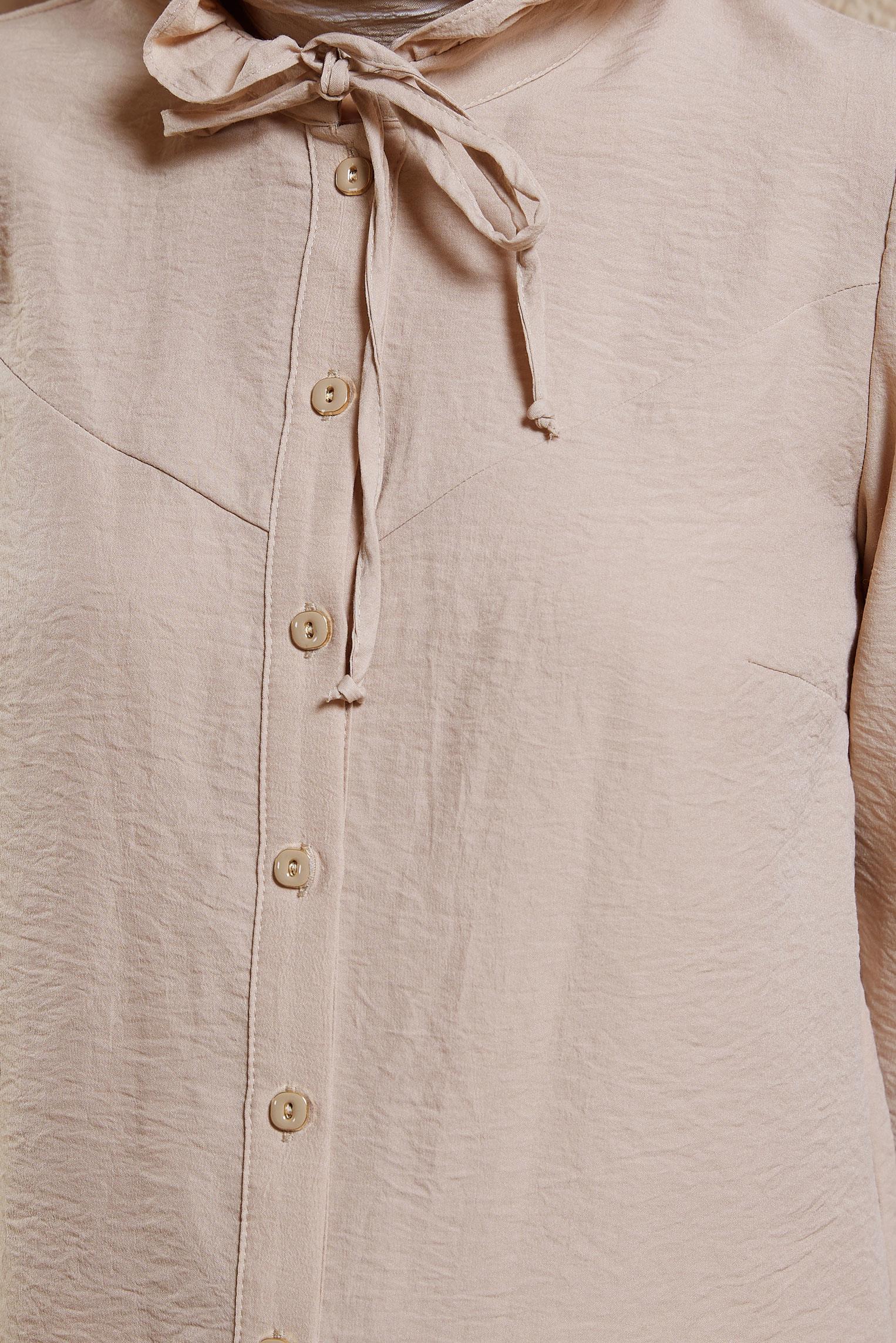 Tesettür giyim BEJ BAĞLAMALI YAKA BLUZ 44596