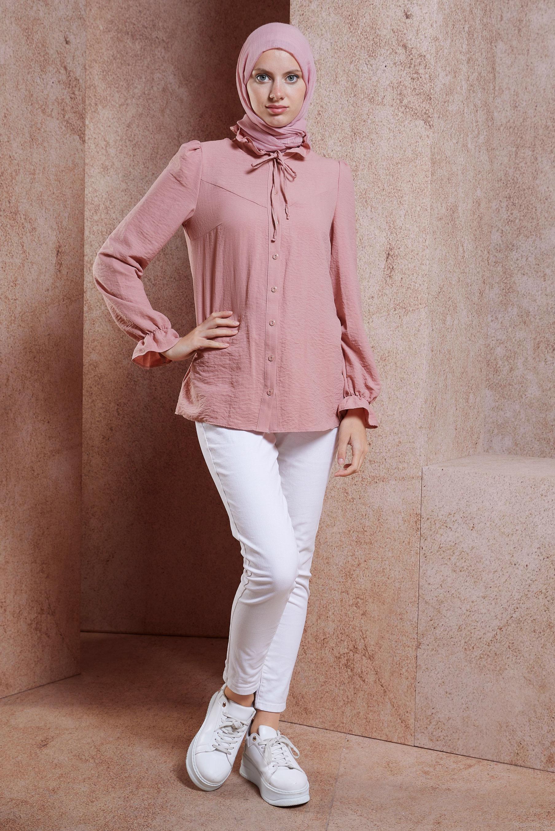Tesettür giyim PUDRA BAĞLAMALI YAKA BLUZ 44596