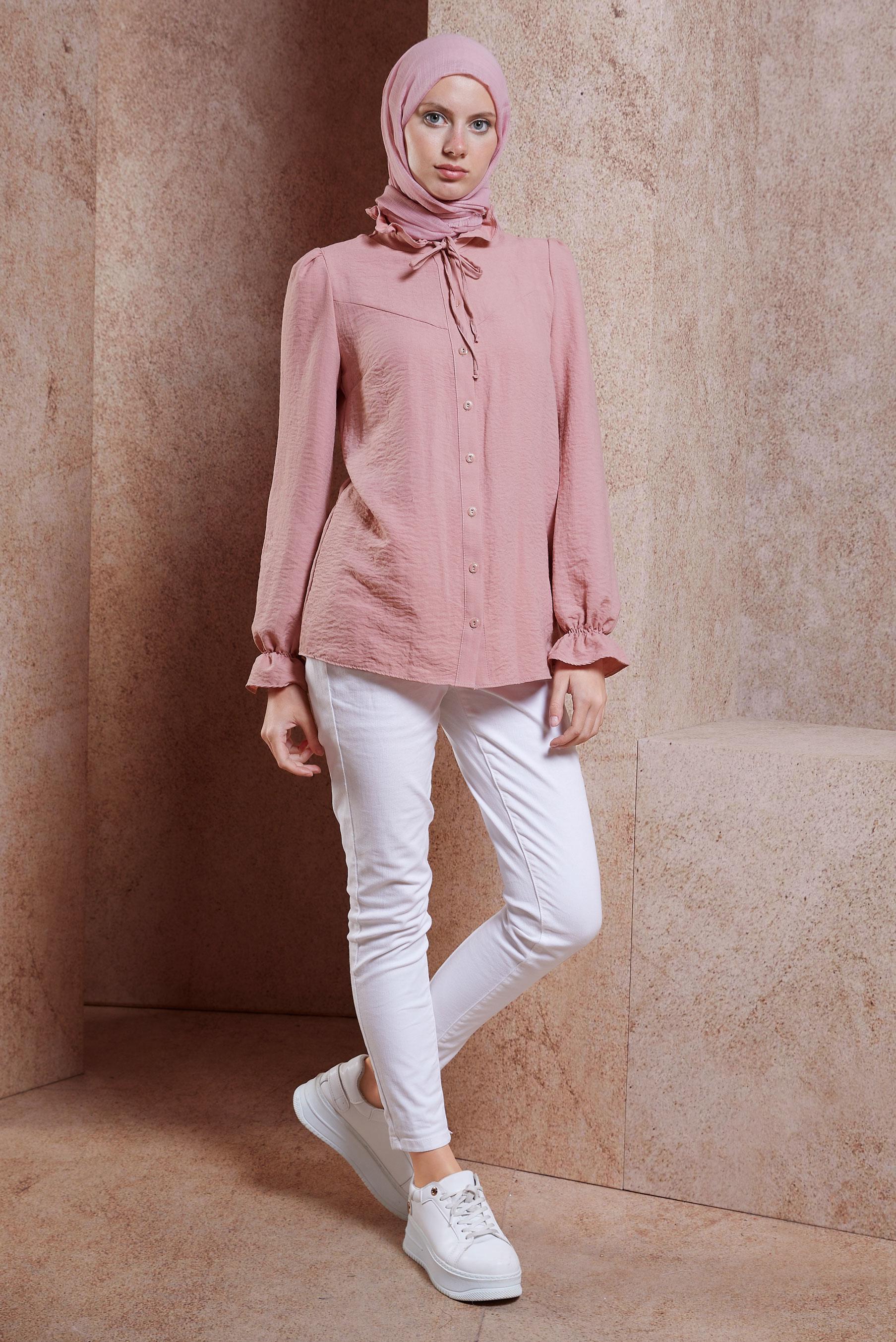 Tesettür giyim PUDRA BAĞLAMALI YAKA BLUZ 44596