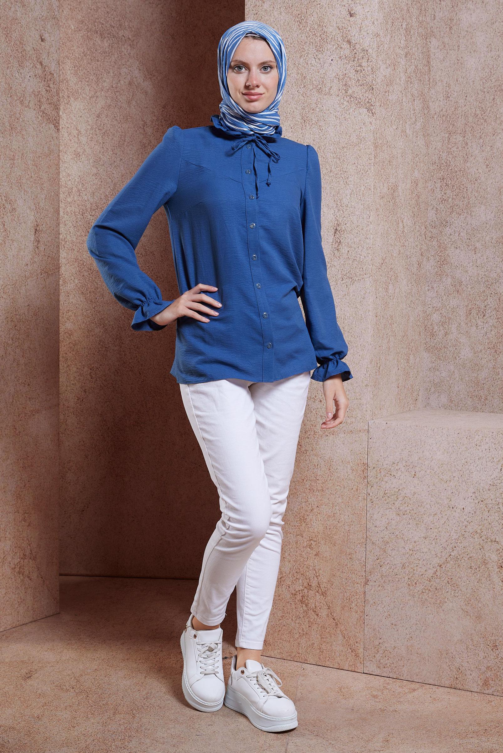 Tesettür giyim LACİVERT BAĞLAMALI YAKA BLUZ 44596