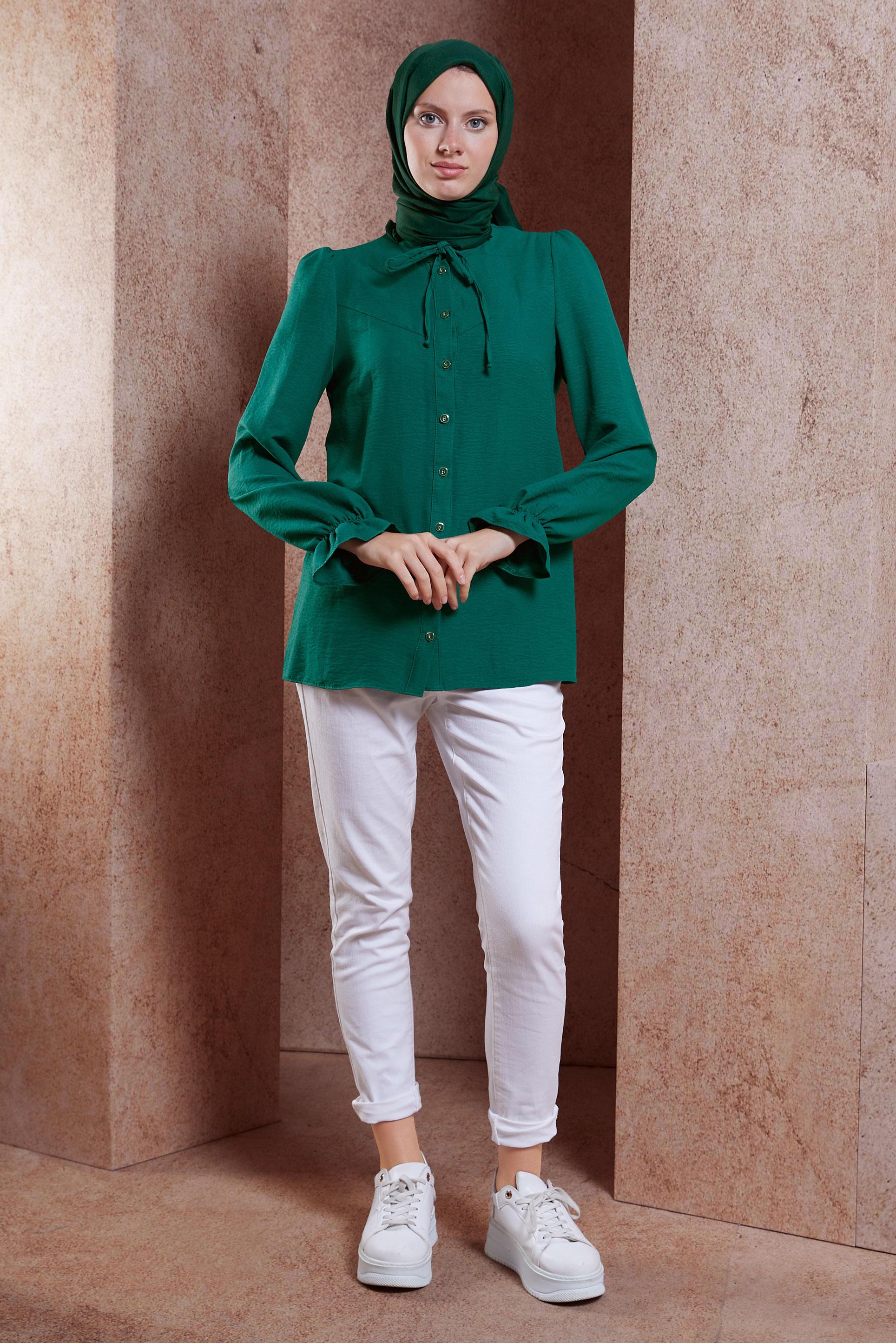 Tesettür giyim YEŞİL BAĞLAMALI YAKA BLUZ 44596