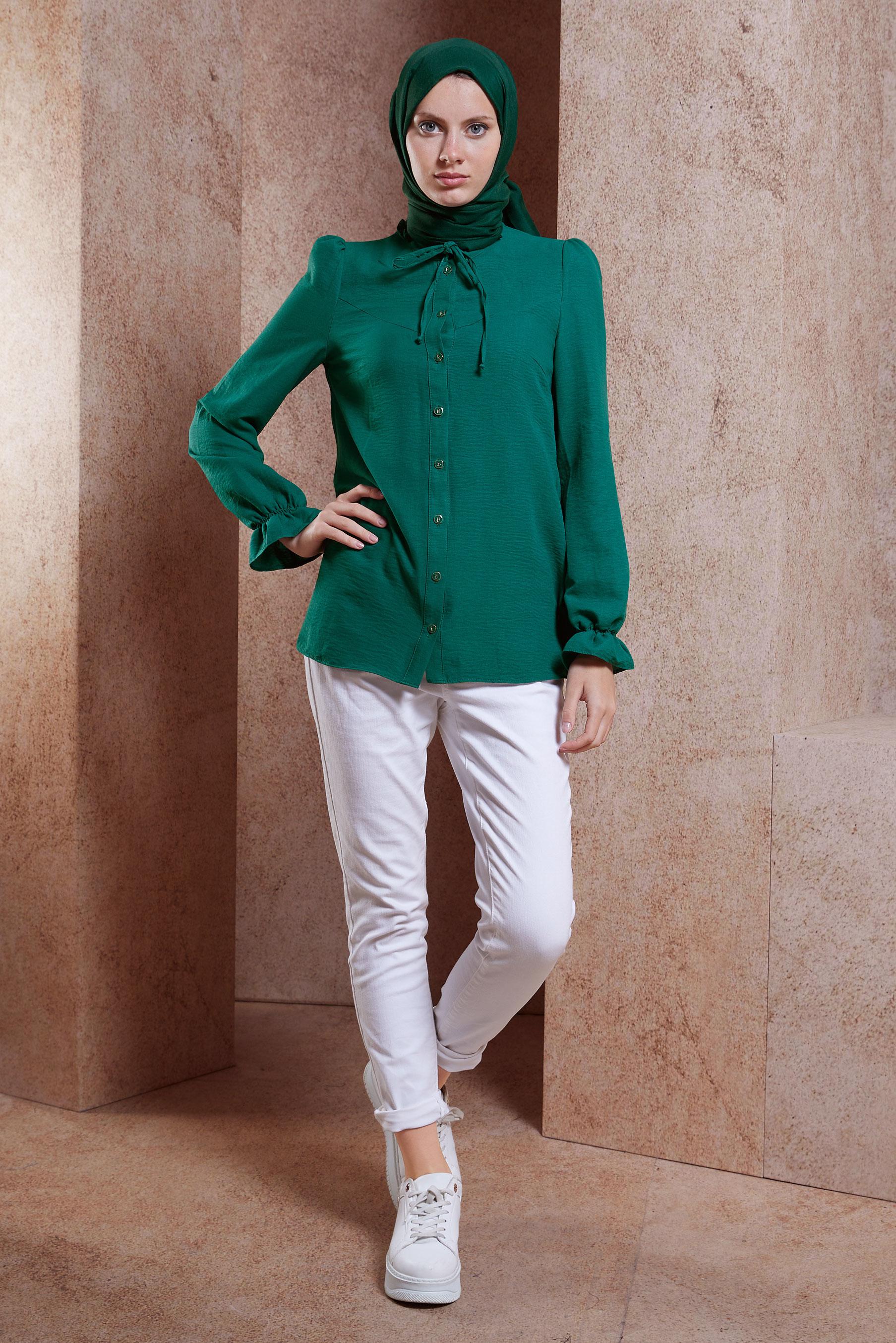 Tesettür giyim YEŞİL BAĞLAMALI YAKA BLUZ 44596