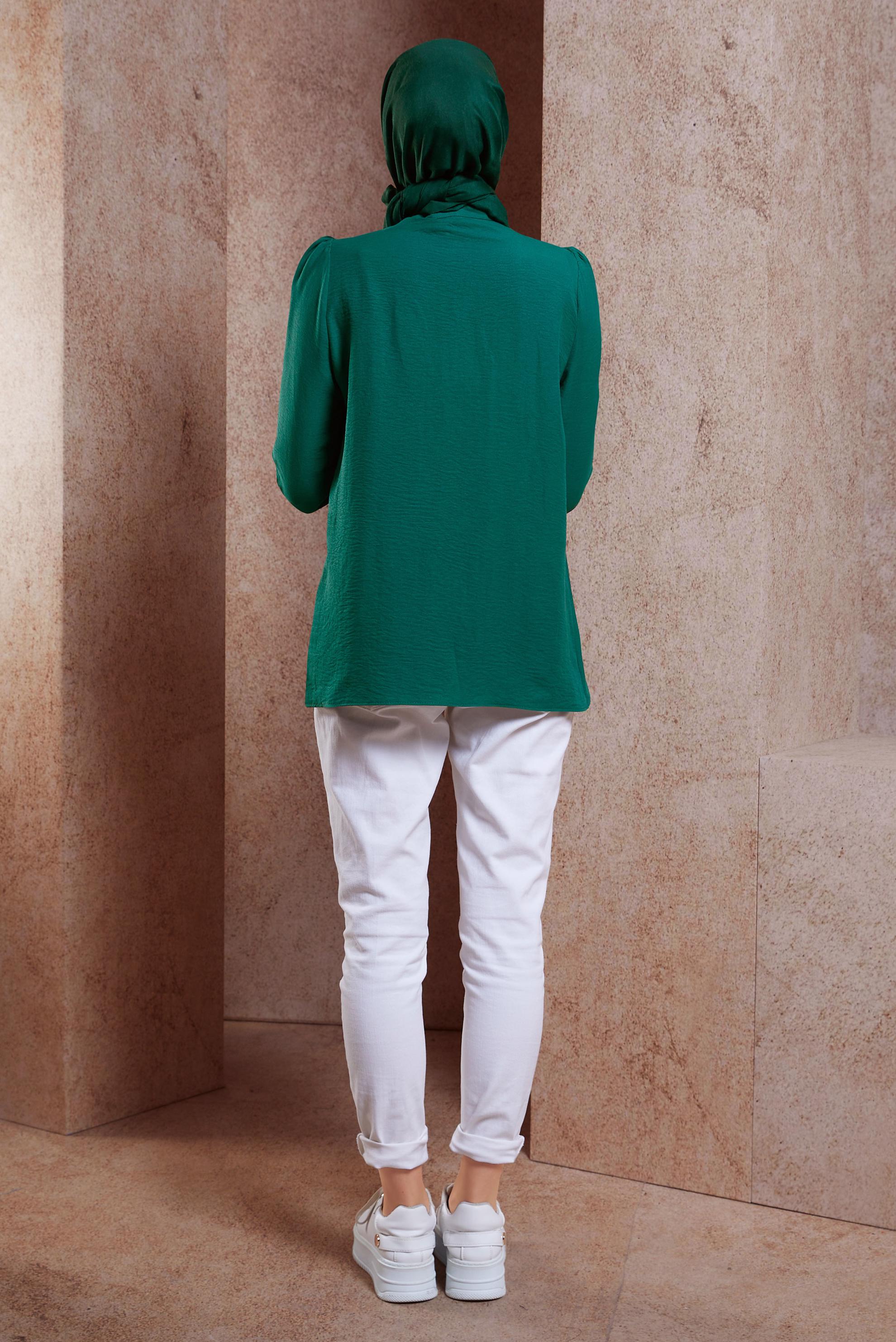 Tesettür giyim YEŞİL BAĞLAMALI YAKA BLUZ 44596