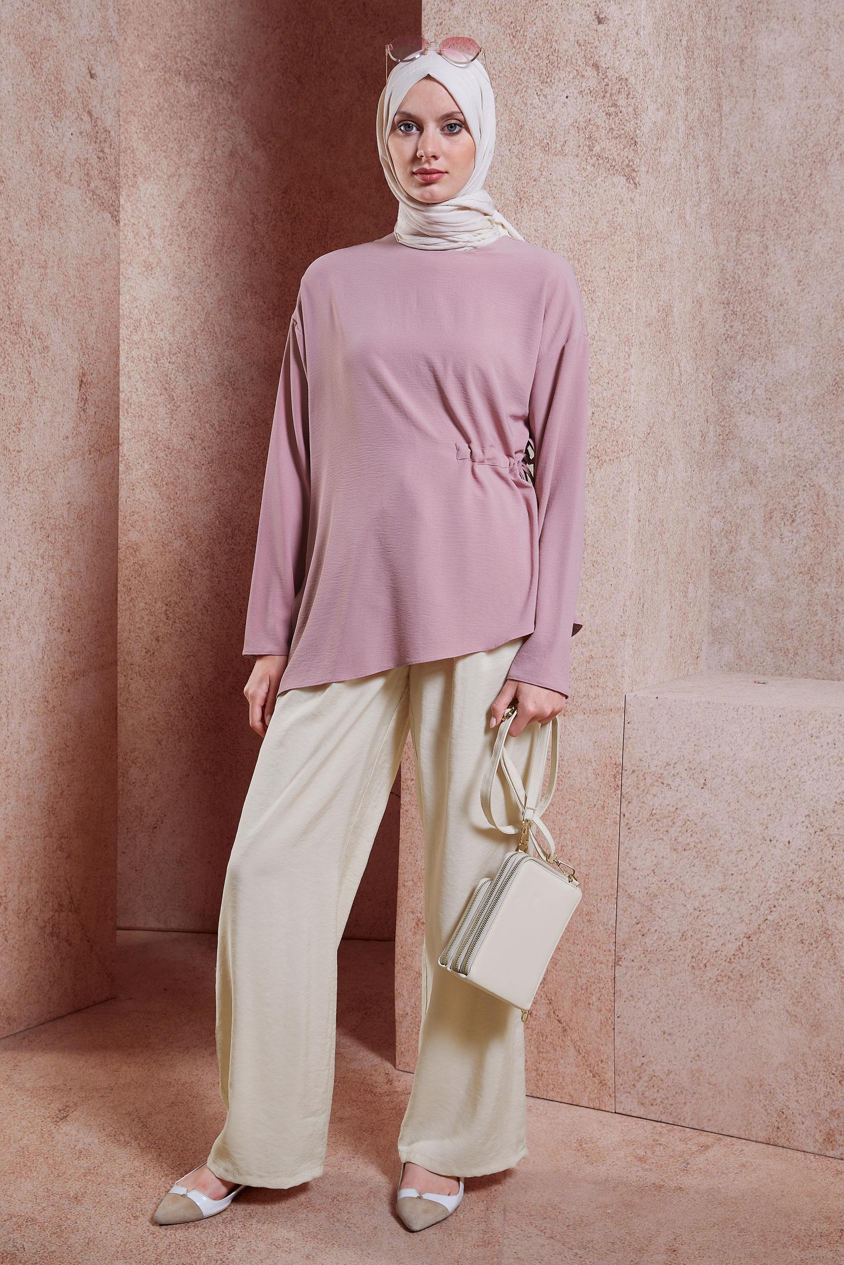 Tesettür giyim PUDRA BELİ BÜZGÜLÜ BLUZ 44608