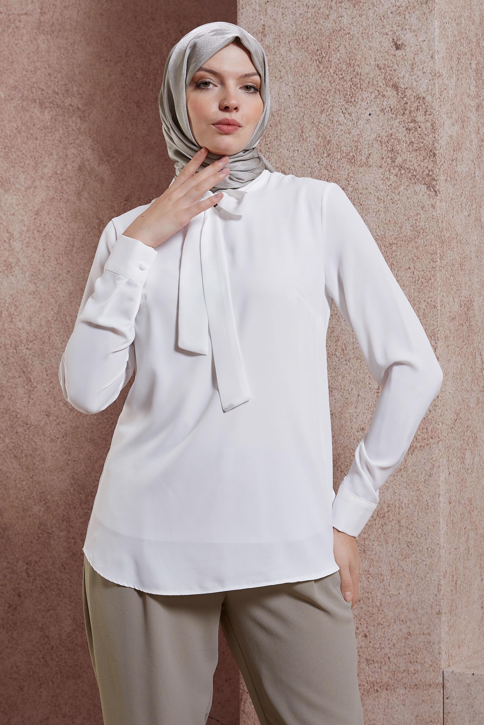 Tesettür giyim BEYAZ BAĞLAMA DETAYLI BLUZ 44613