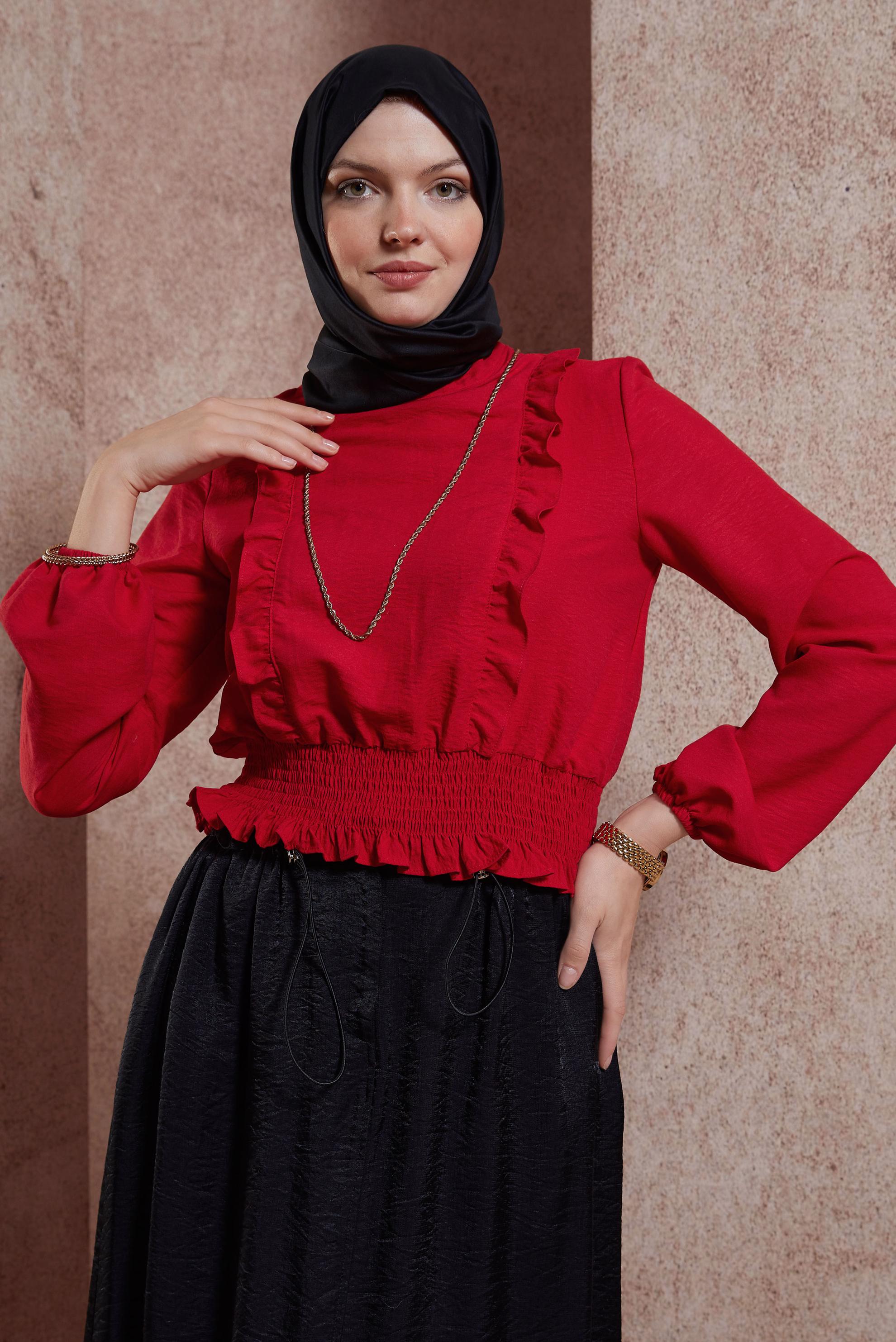 Tesettür giyim KIRMIZI GİPELİ FIRFIR DETAYLI BLUZ 44616