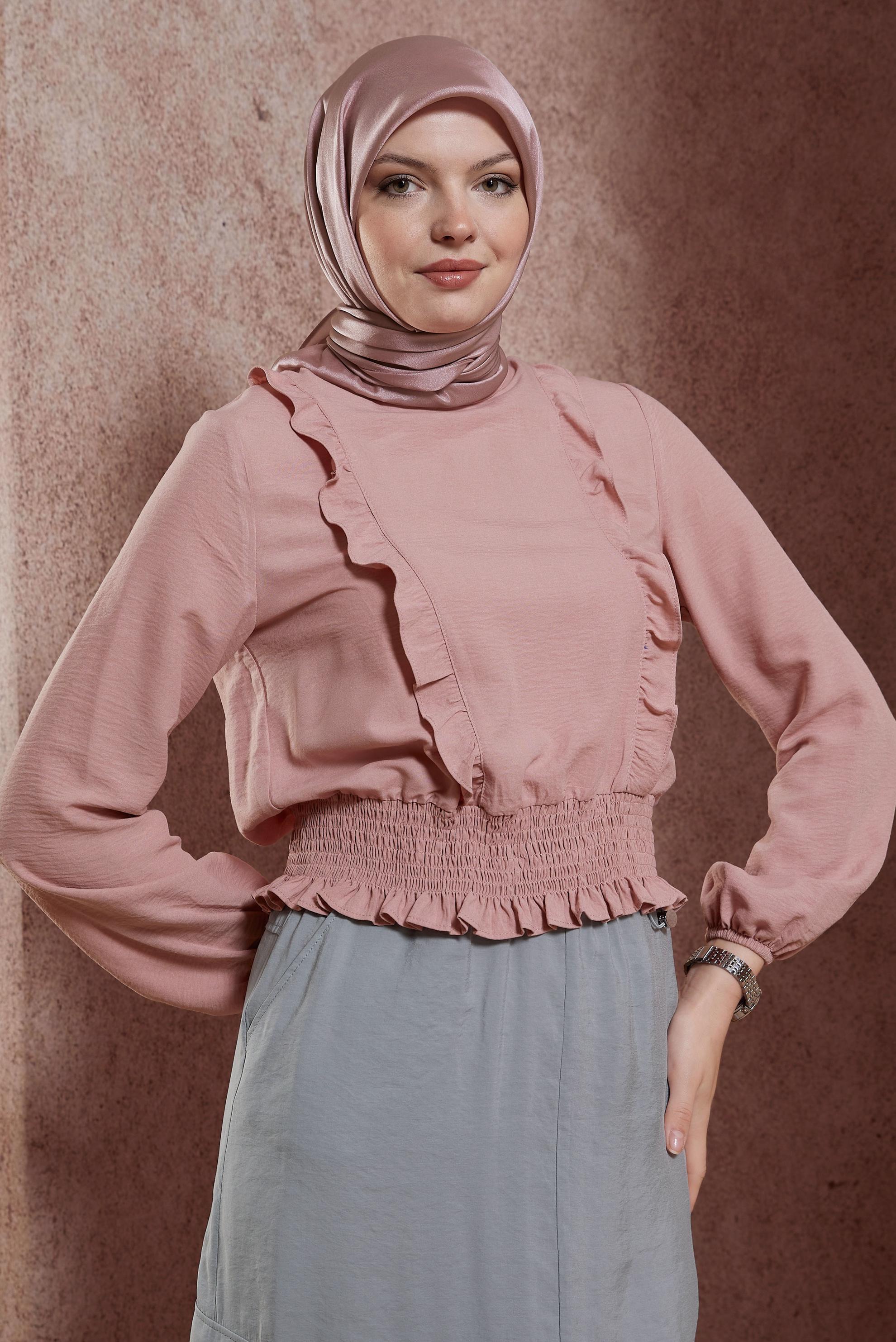 Tesettür giyim PUDRA GİPELİ FIRFIR DETAYLI BLUZ 44616