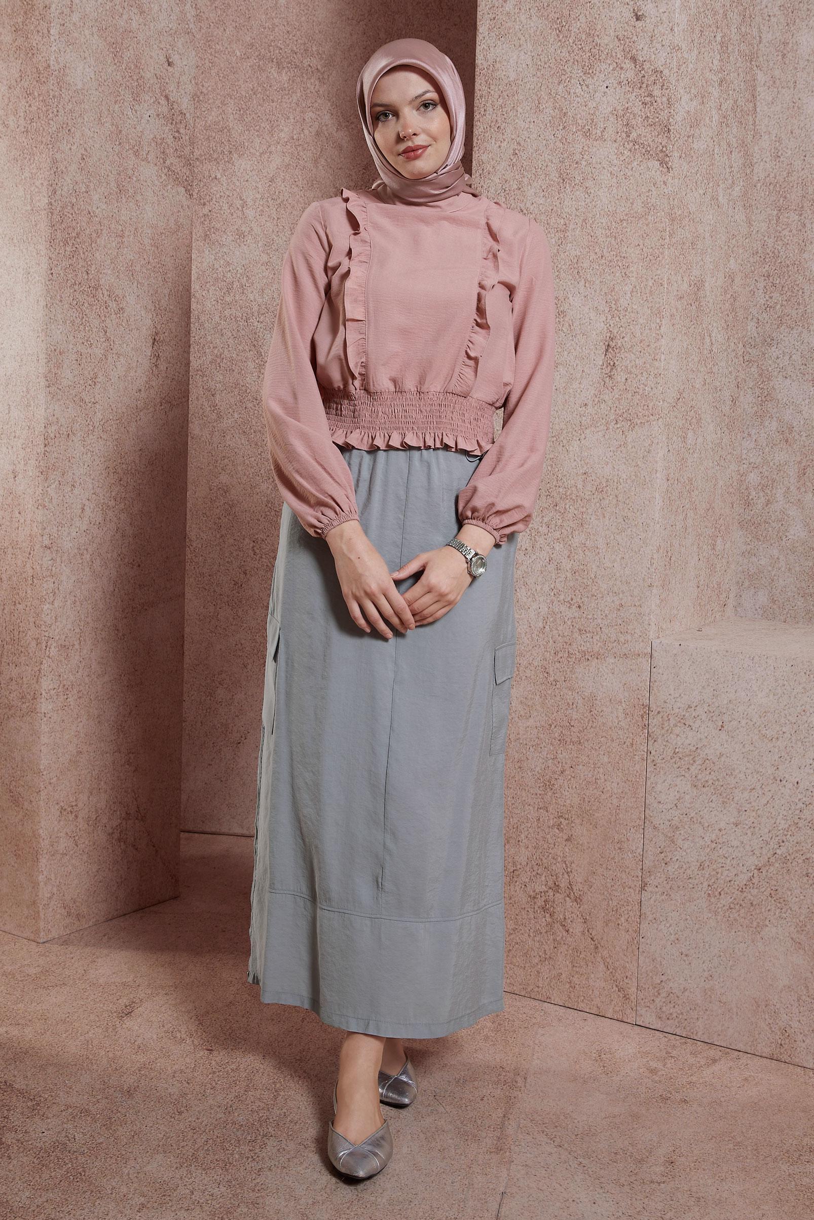 Tesettür giyim PUDRA GİPELİ FIRFIR DETAYLI BLUZ 44616