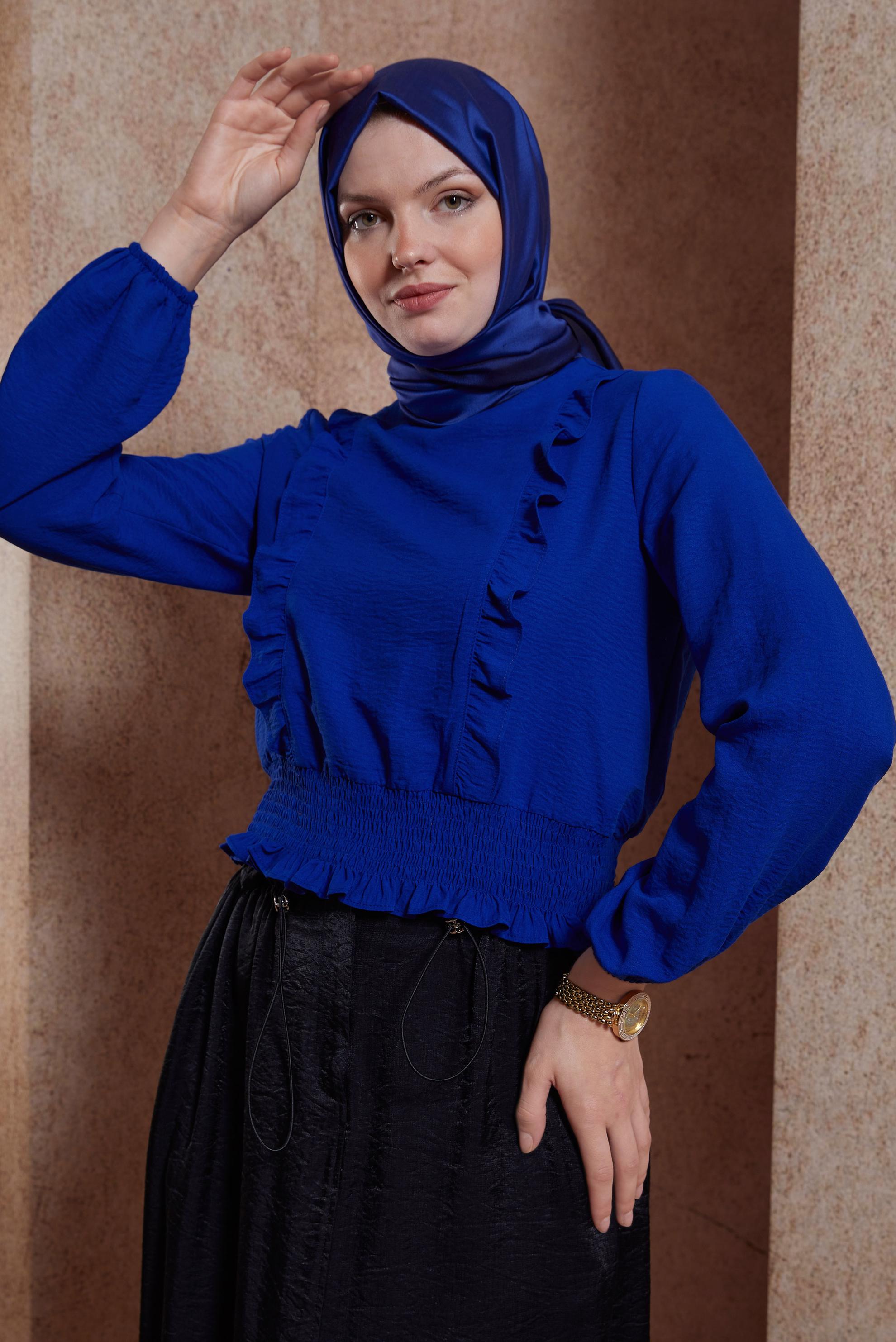 Tesettür giyim LACİVERT GİPELİ FIRFIR DETAYLI BLUZ 44616