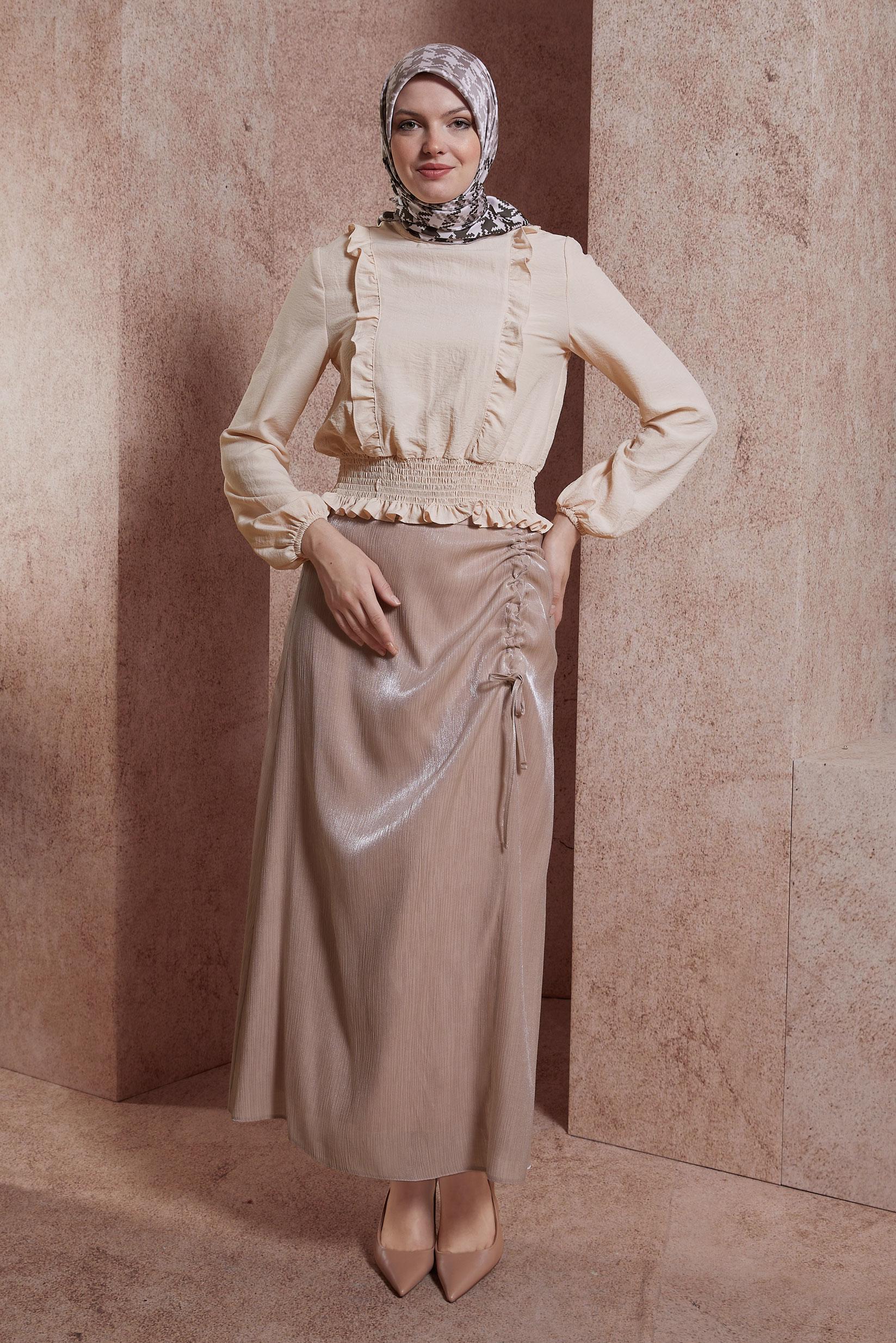 Tesettür giyim PUDRA GİPELİ FIRFIR DETAYLI BLUZ 44616