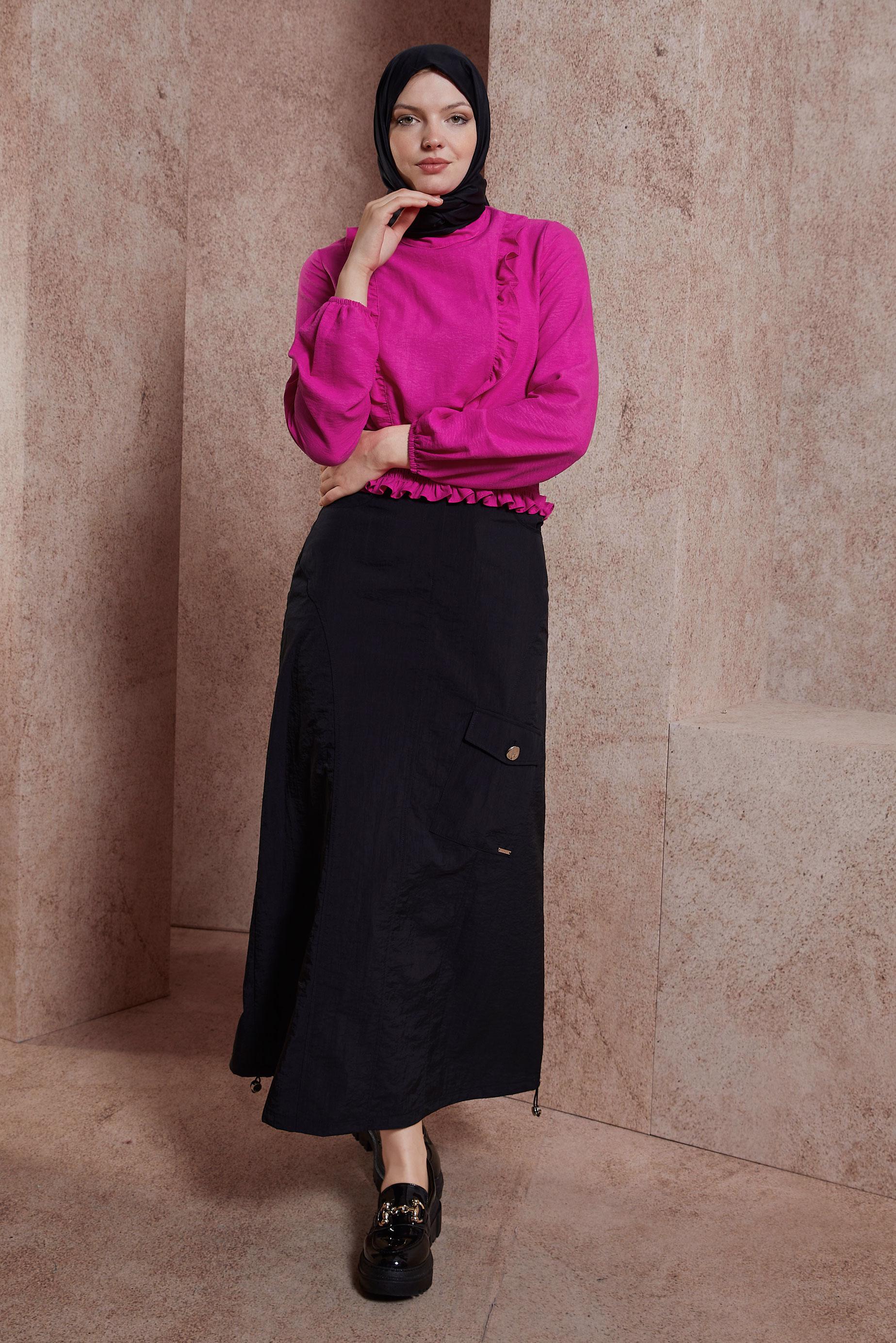 Tesettür giyim FUŞYA GİPELİ FIRFIR DETAYLI BLUZ 44616