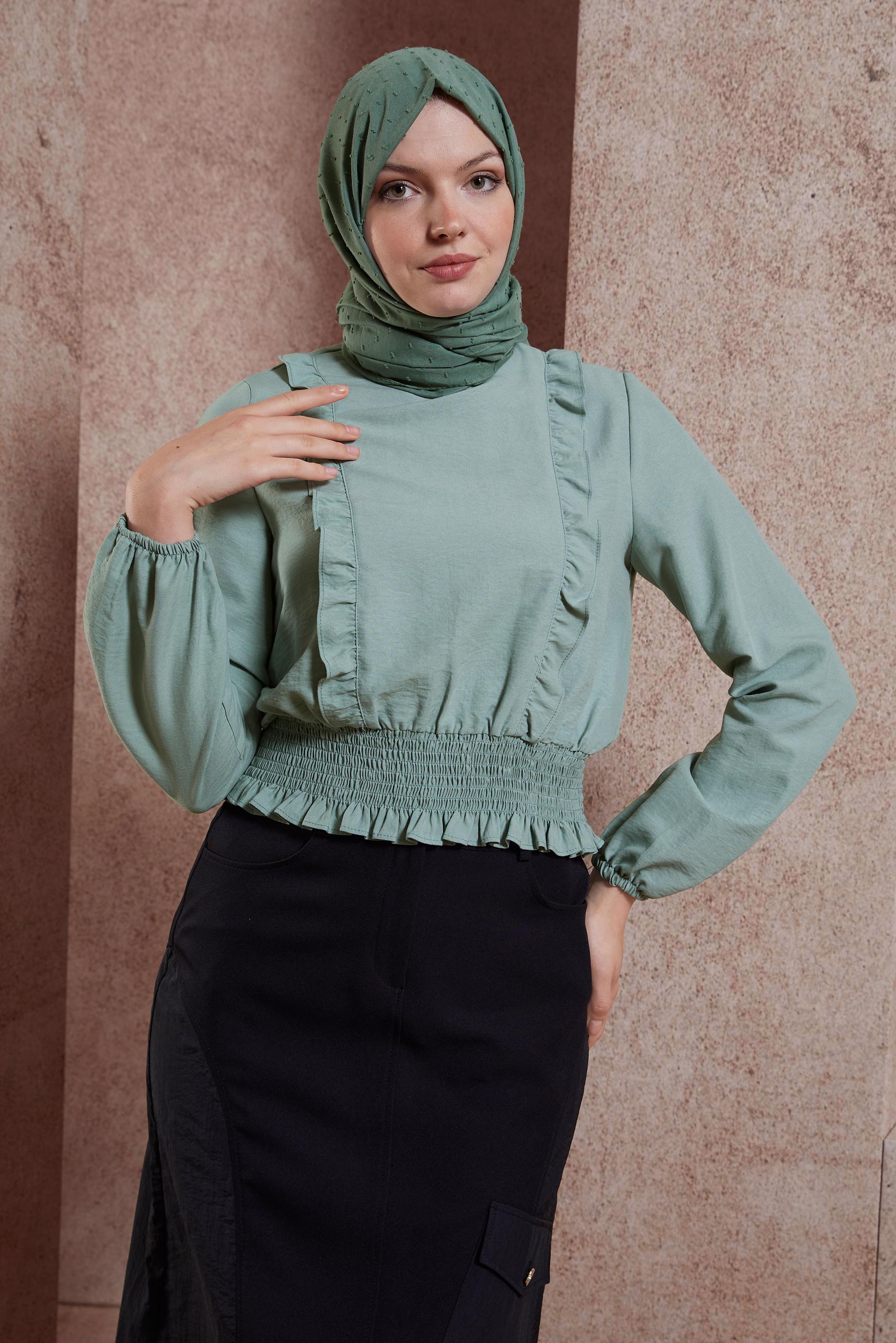 Tesettür giyim MAVİ GİPELİ FIRFIR DETAYLI BLUZ 44616