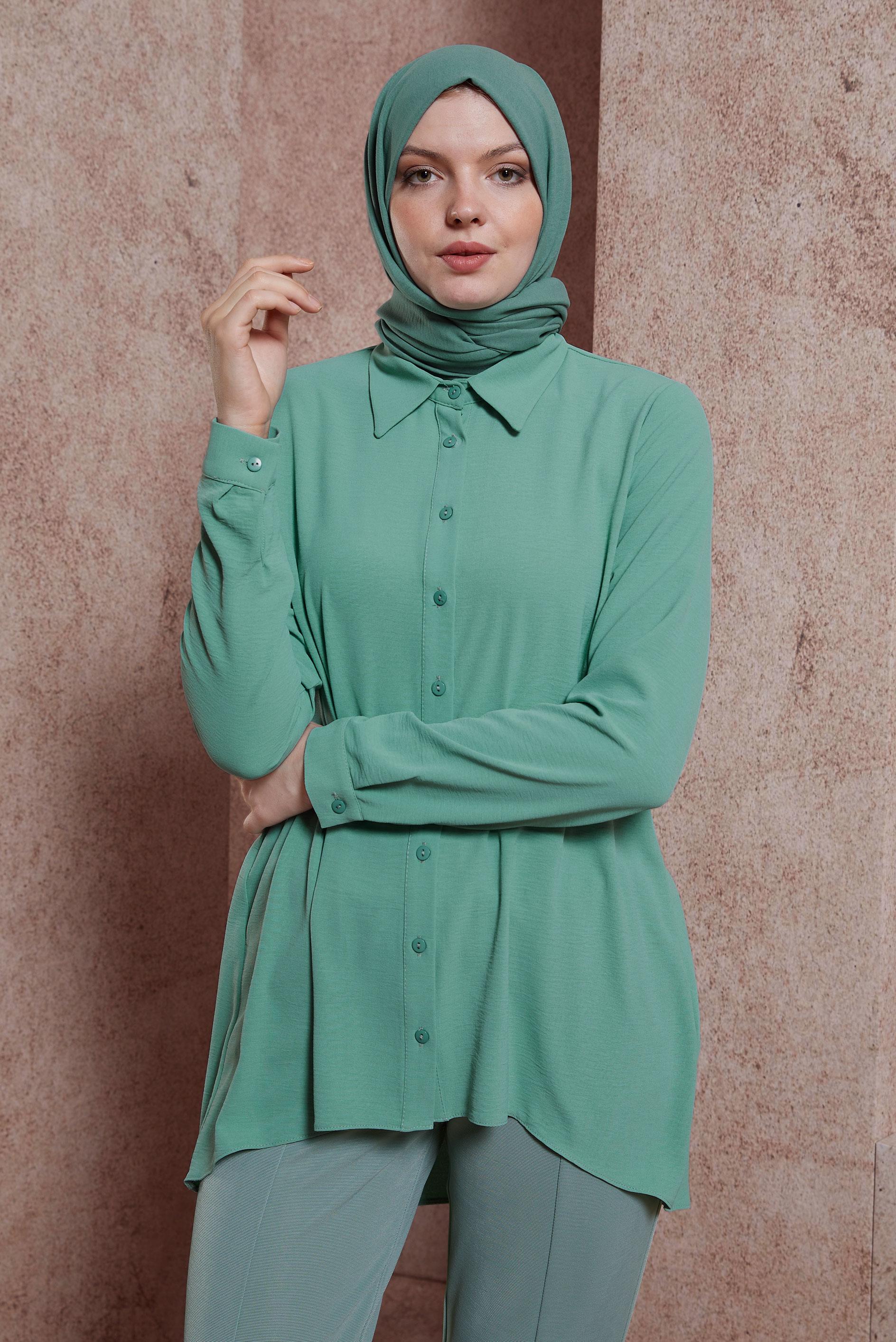 Tesettür giyim YEŞİL GÖMLEK BLUZ 44617