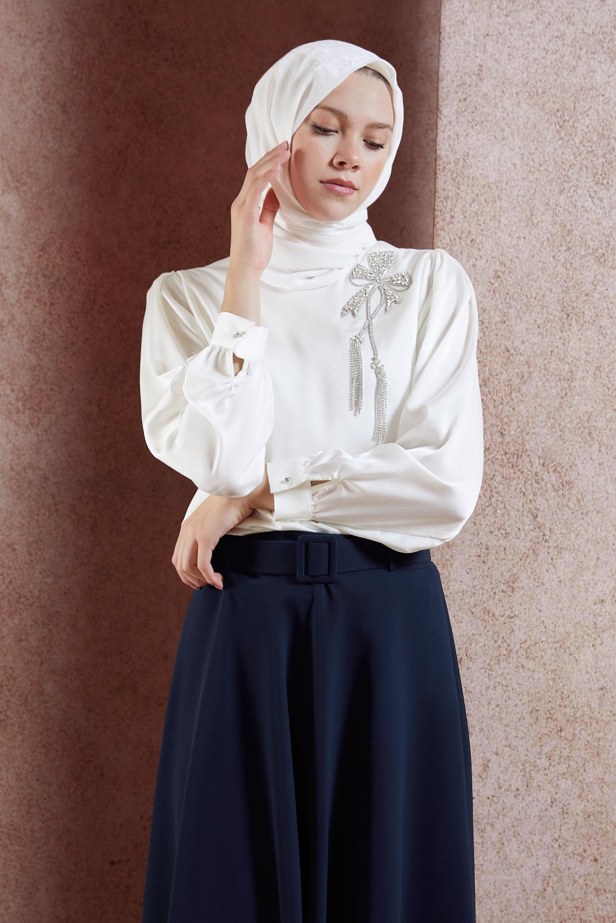 Hijab clothing WHITE SATIN BLOUSE WITH GEM DETAIL 44734