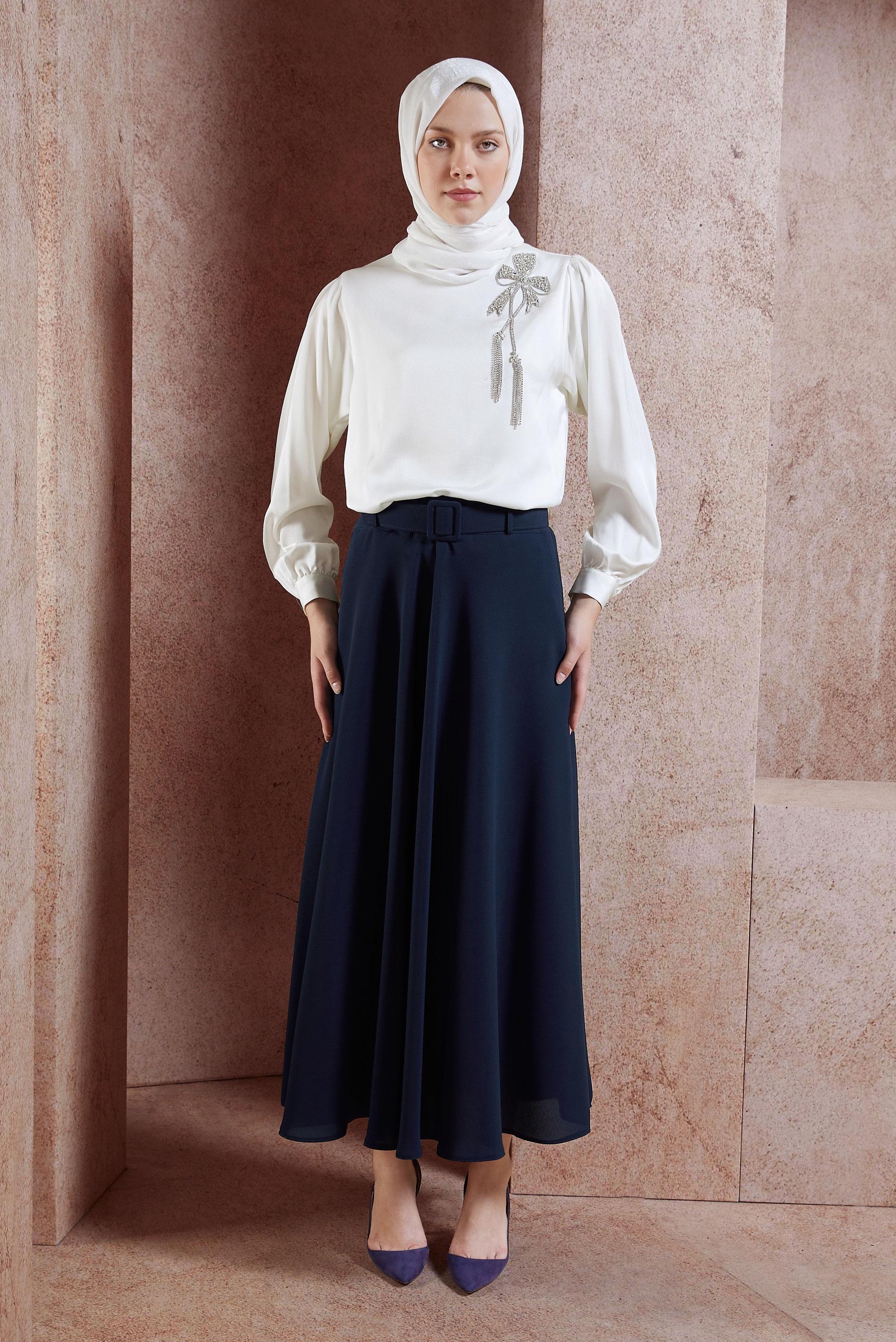 Hijab clothing WHITE SATIN BLOUSE WITH GEM DETAIL 44734