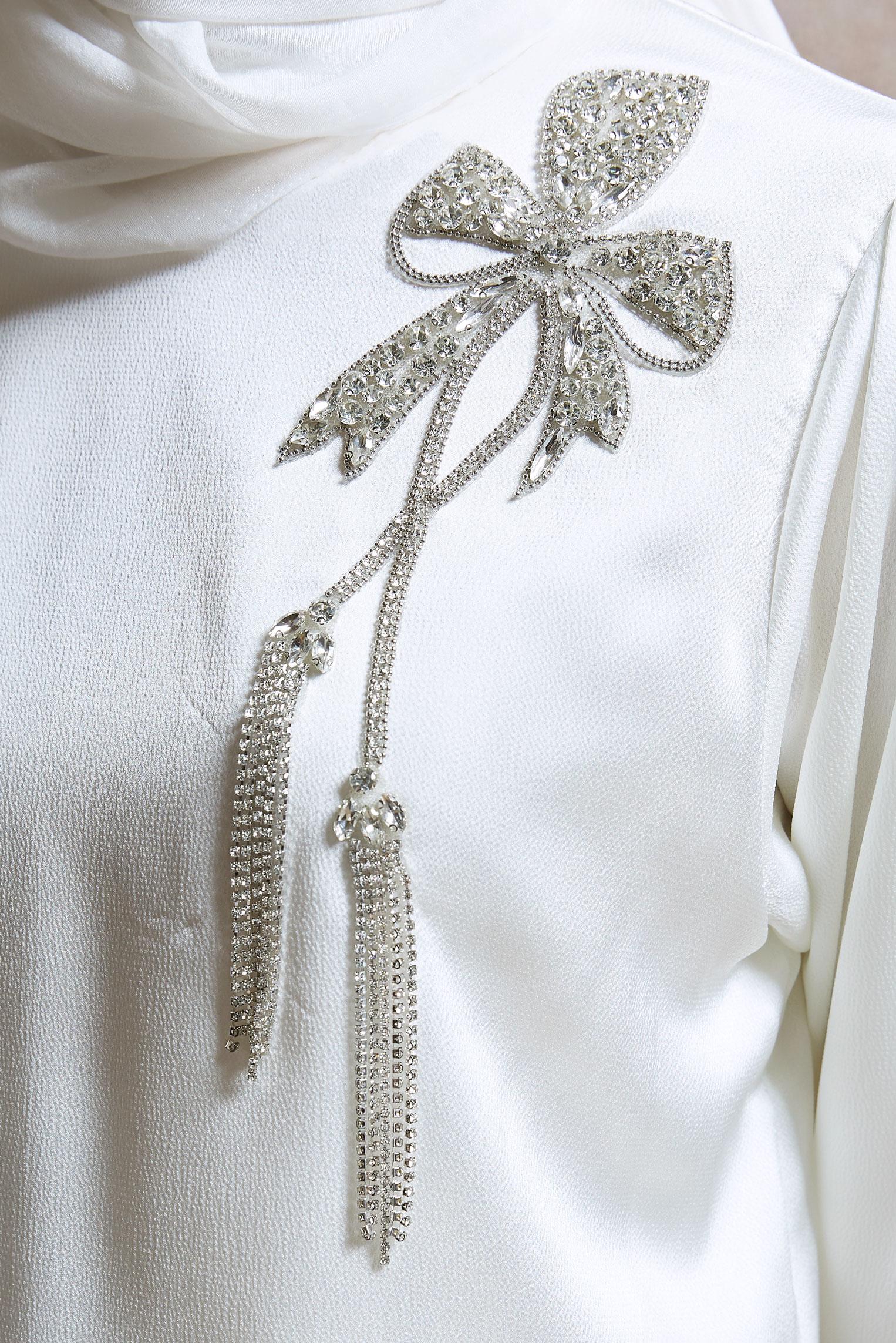 Hijab clothing WHITE SATIN BLOUSE WITH GEM DETAIL 44734