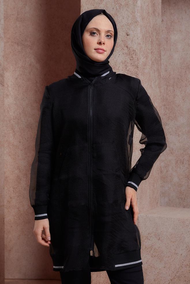 Hijab-Kleidung SCHWARZ GESTREIFTE TÜLLJACKE 44306 - ALVİNA