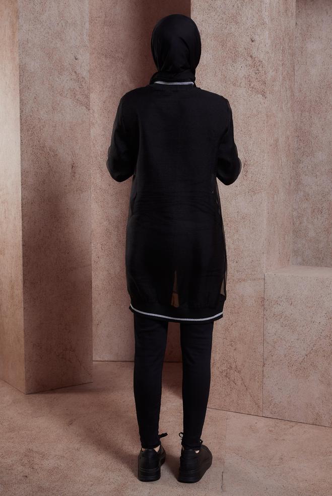Hijab-Kleidung SCHWARZ GESTREIFTE TÜLLJACKE 44306 - ALVİNA