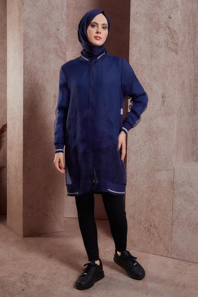 Hijab clothing NAVY BLUE STRIPED TULLE JACKET 44306 - ALVİNA