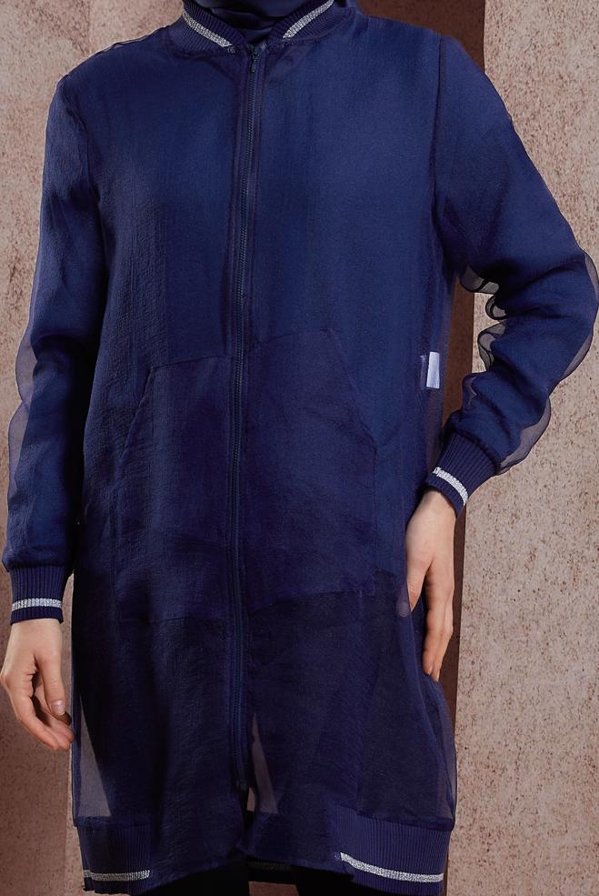 Hijab clothing NAVY BLUE STRIPED TULLE JACKET 44306 - ALVİNA