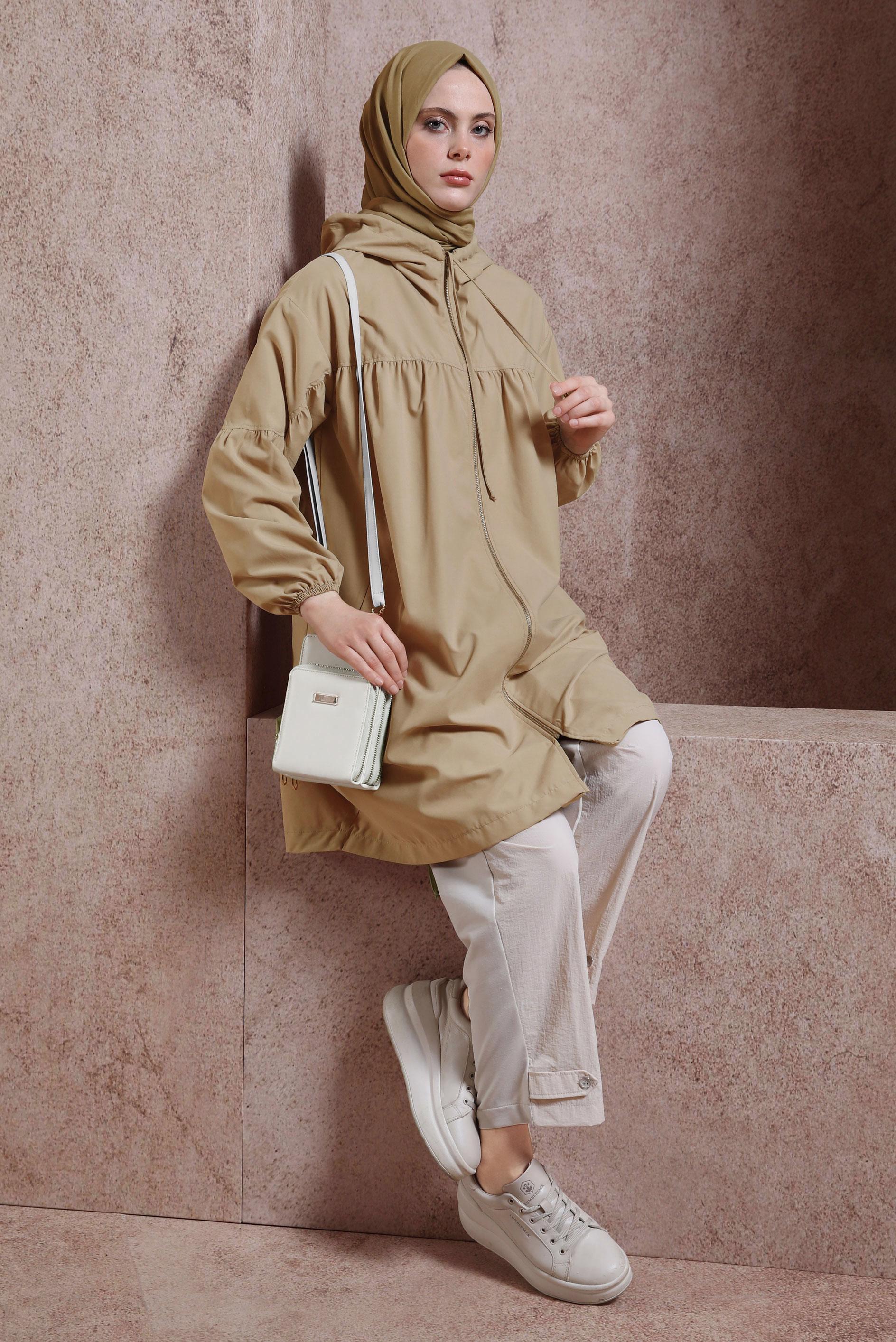 Tesettür giyim BEJ KAPÜŞONLU GİY ÇIK 44441