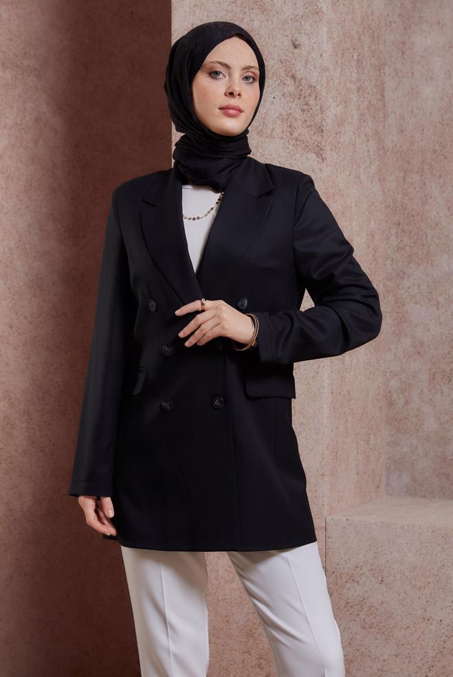 Hijab clothing BLACK DOUBLE BREASTED JACKET 44457 - ALVİNA