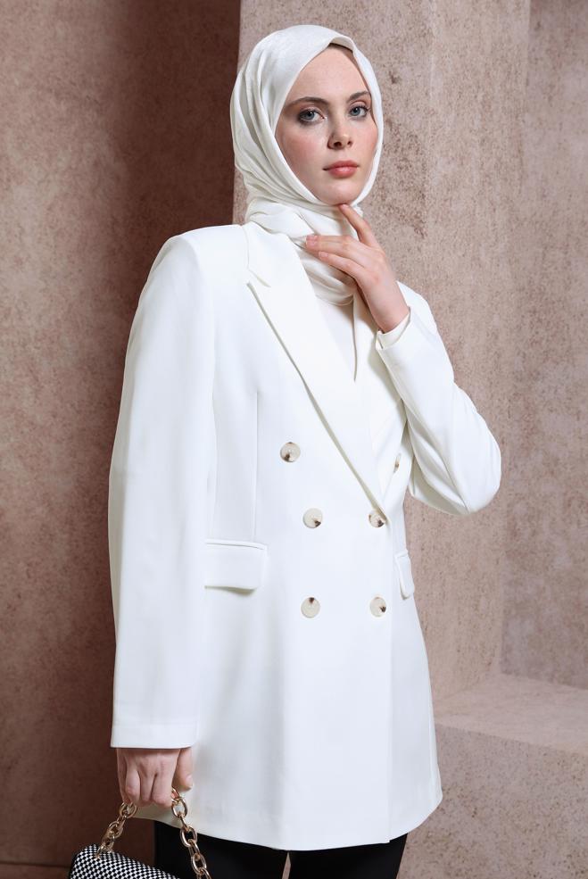 Hijab clothing WHITE DOUBLE BREASTED JACKET 44457 - ALVİNA