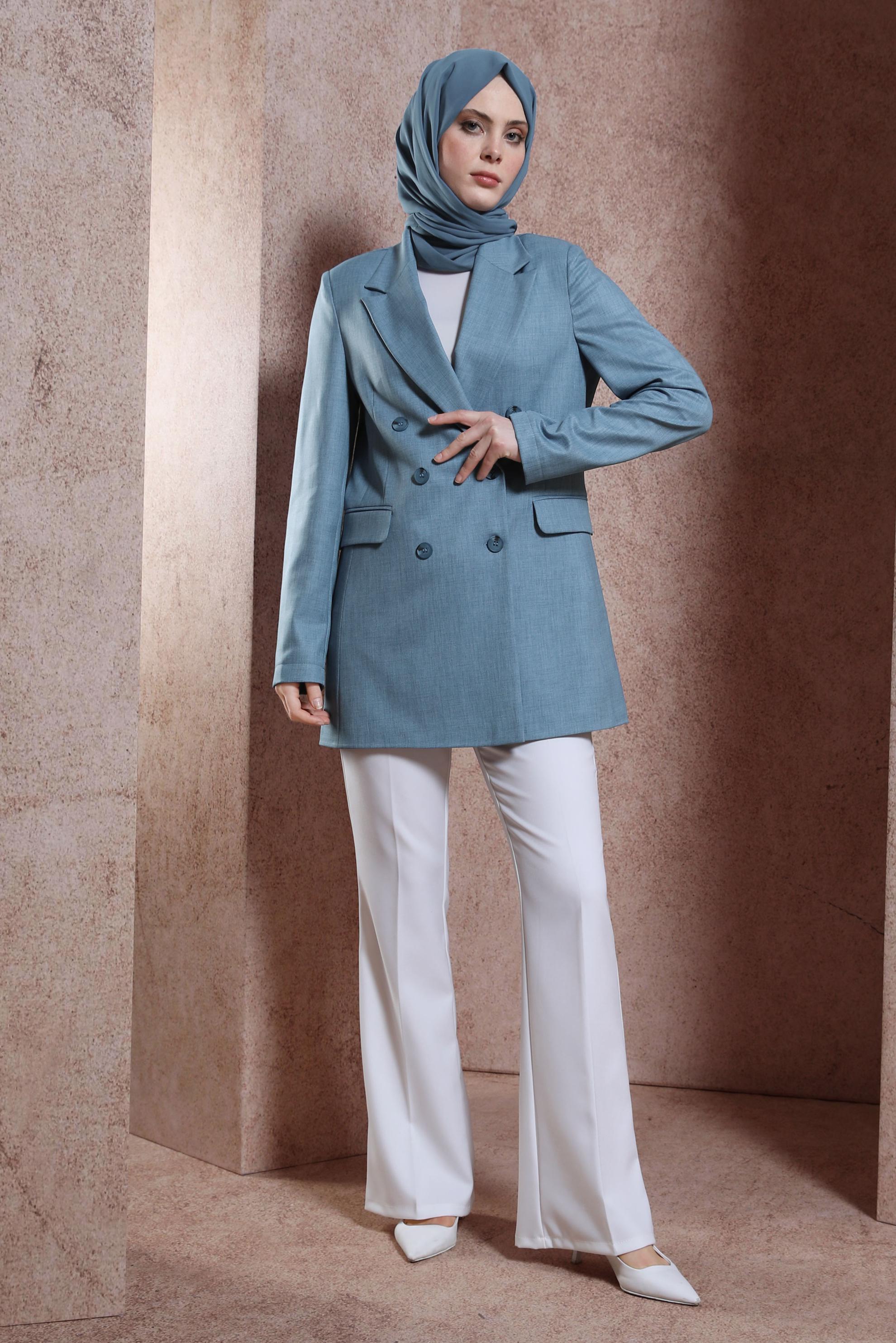 Tesettür giyim MAVİ KRUVAZE YAKA CEKET 44457