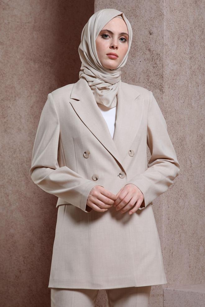 Hijab clothing BEIGE DOUBLE BREASTED JACKET 44457 - ALVİNA