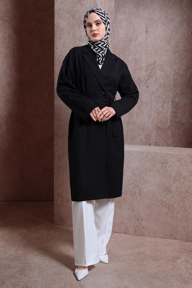 Hijab clothing BLACK BELTED JACKET 44458 - ALVİNA