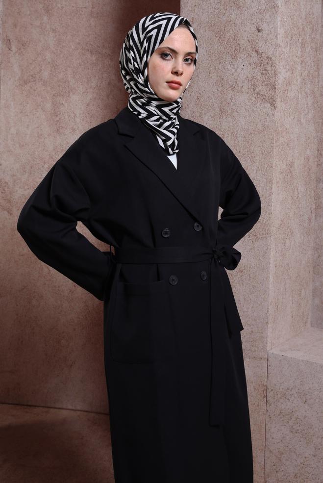 Hijab clothing BLACK BELTED JACKET 44458 - ALVİNA