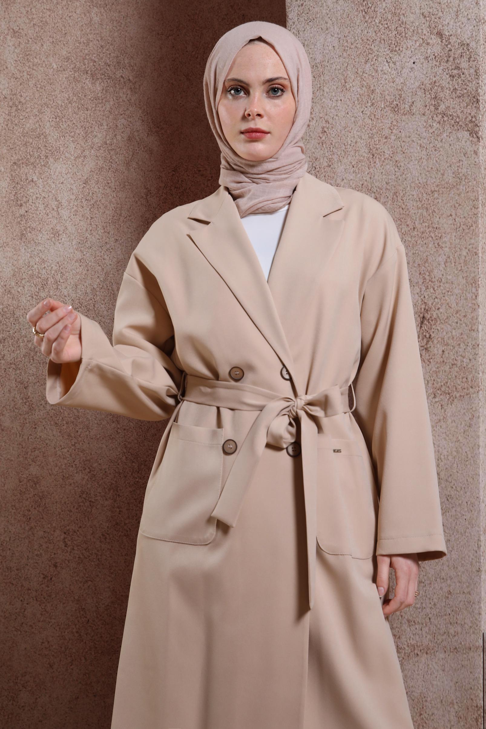 Tesettür giyim BEJ KUŞAKLI GİY ÇIK 44458