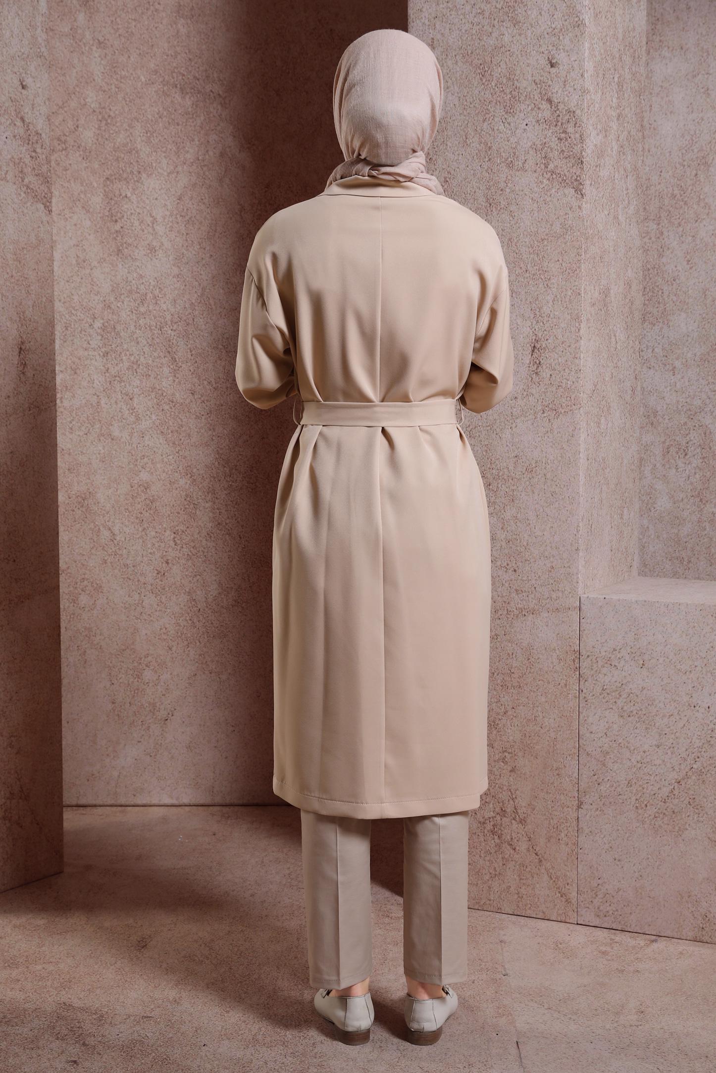 Tesettür giyim BEJ KUŞAKLI GİY ÇIK 44458