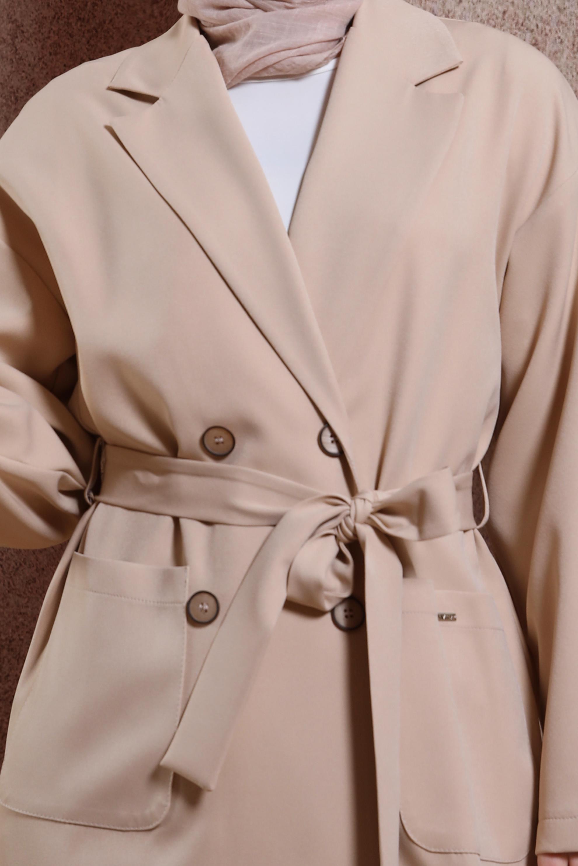 Tesettür giyim BEJ KUŞAKLI GİY ÇIK 44458