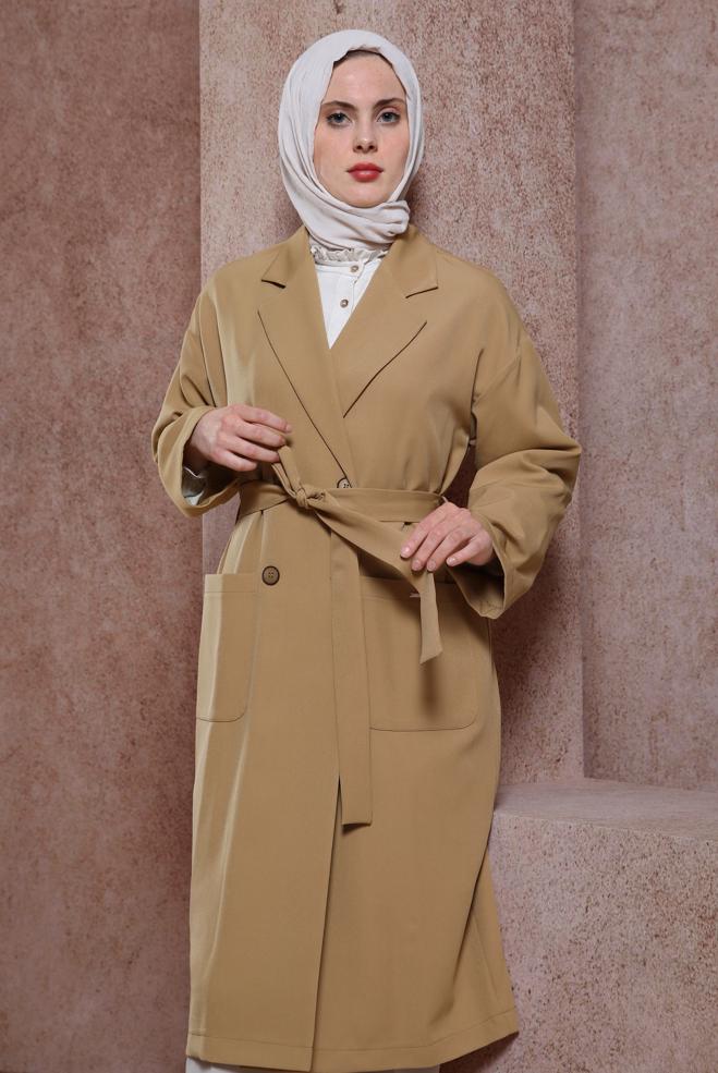 Tesettür giyim BEJ KUŞAKLI GİY ÇIK 44458 - ALVİNA