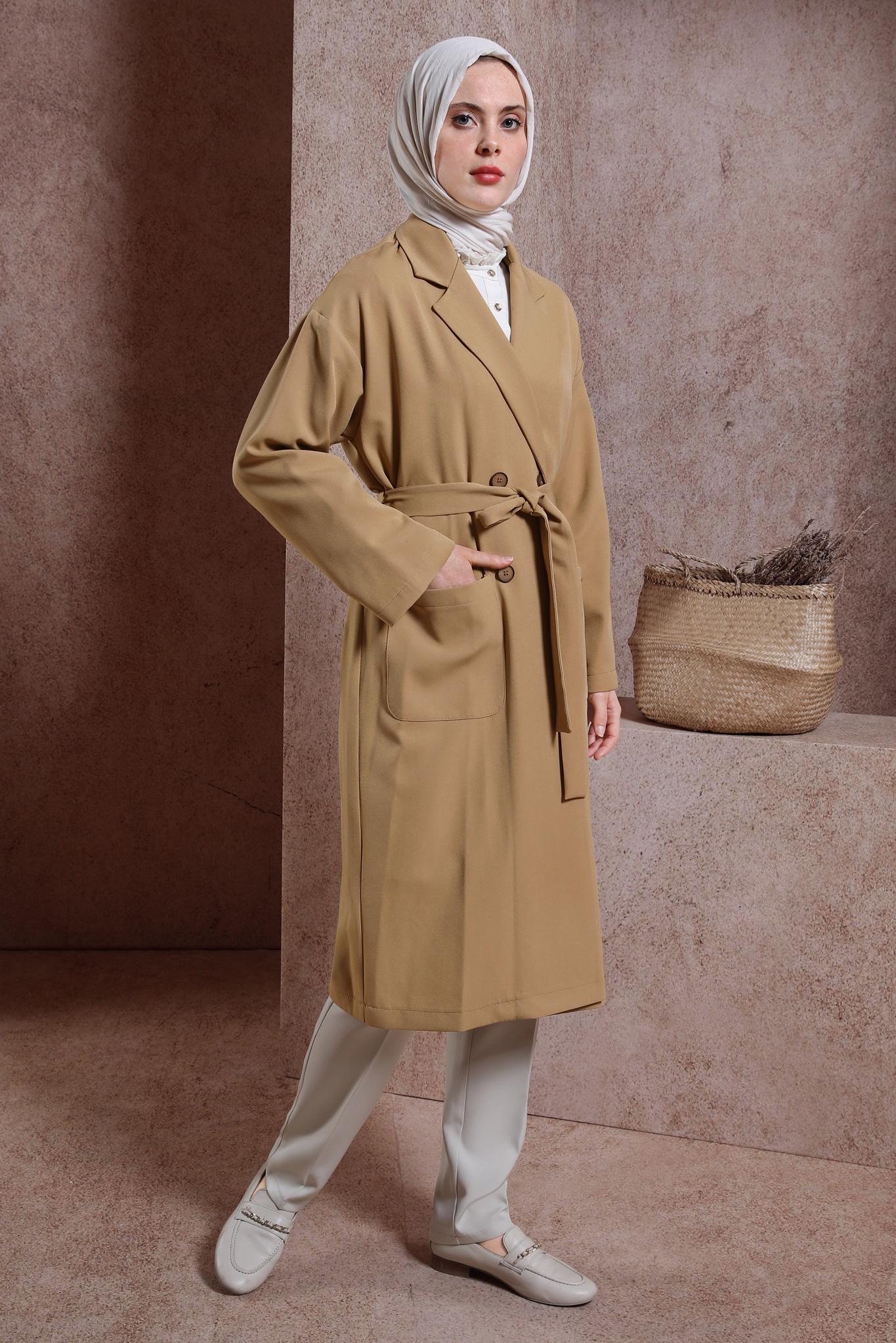 Tesettür giyim KAHVE KUŞAKLI GİY ÇIK 44458
