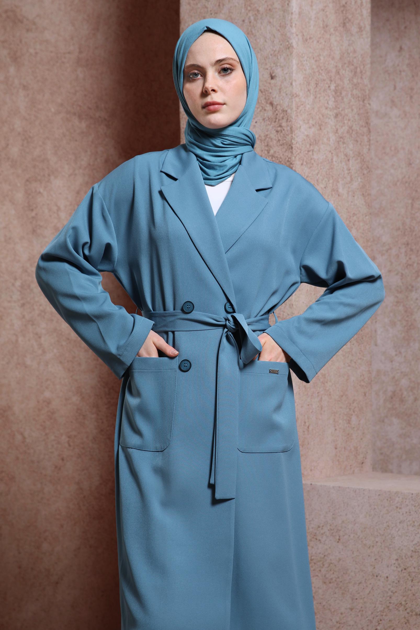 Tesettür giyim MAVİ KUŞAKLI GİY ÇIK 44458